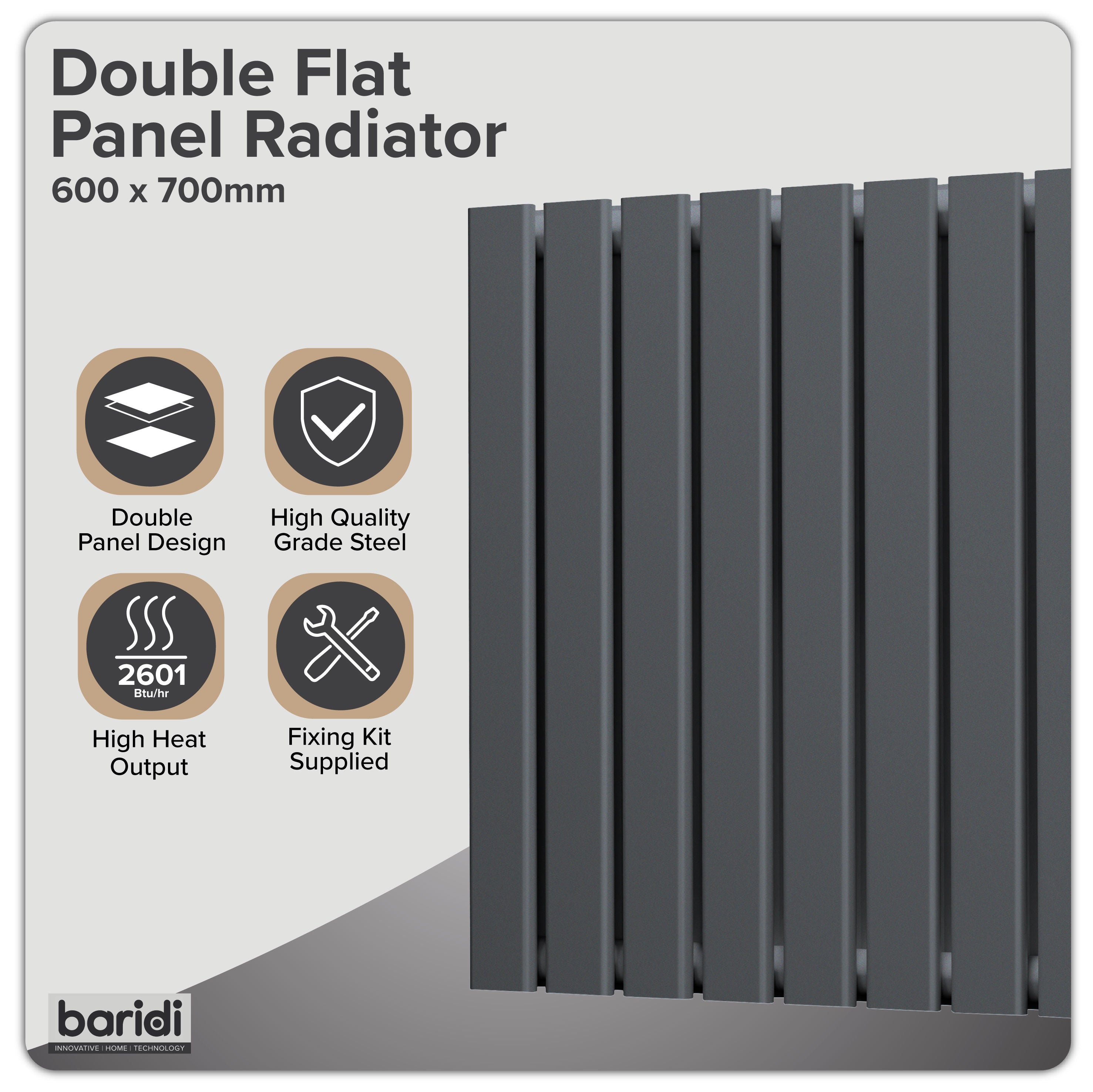 Baridi Horizontal Radiator Contemporary Double Flat Panel Design 600 x 700mm, Anthracite - DH340