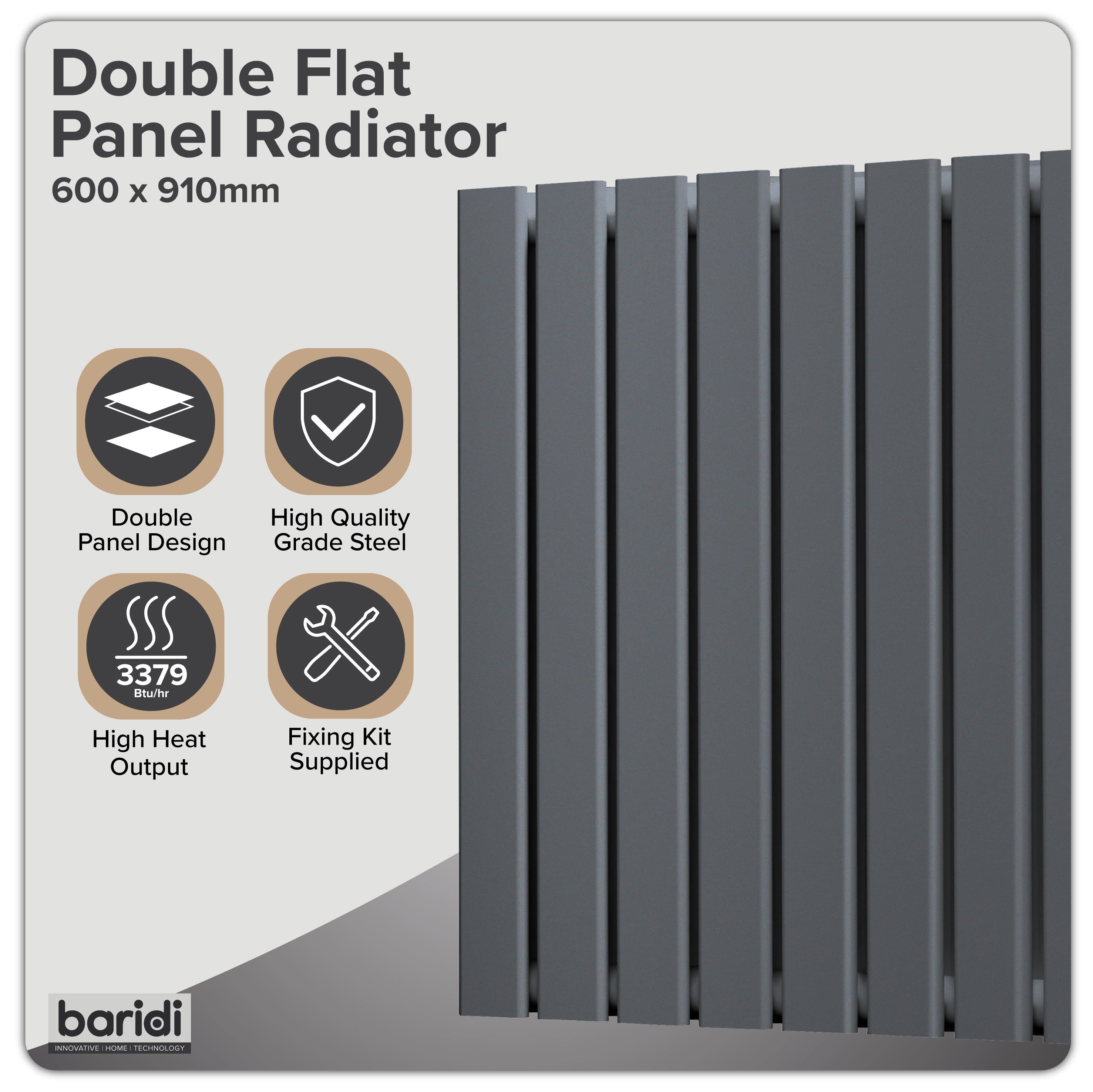 Baridi Horizontal Radiator Contemporary Double Flat Panel Design 600 x 910mm, Anthracite - DH341