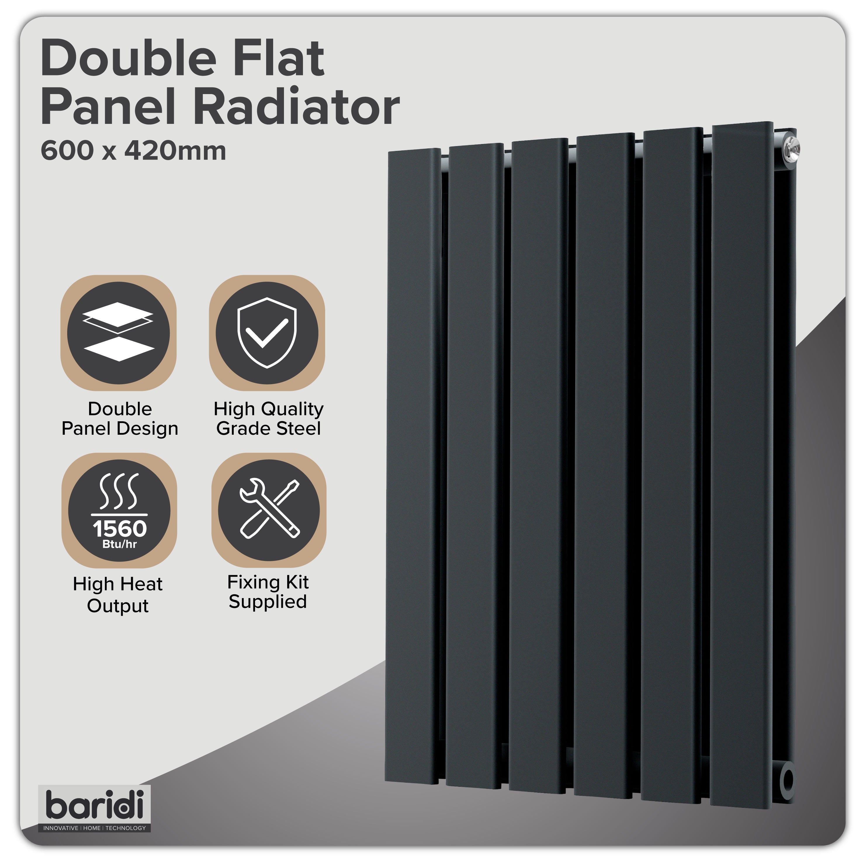 Baridi Horizontal Radiator Contemporary Double Flat Panel Design 600 x 420mm, Black - DH343