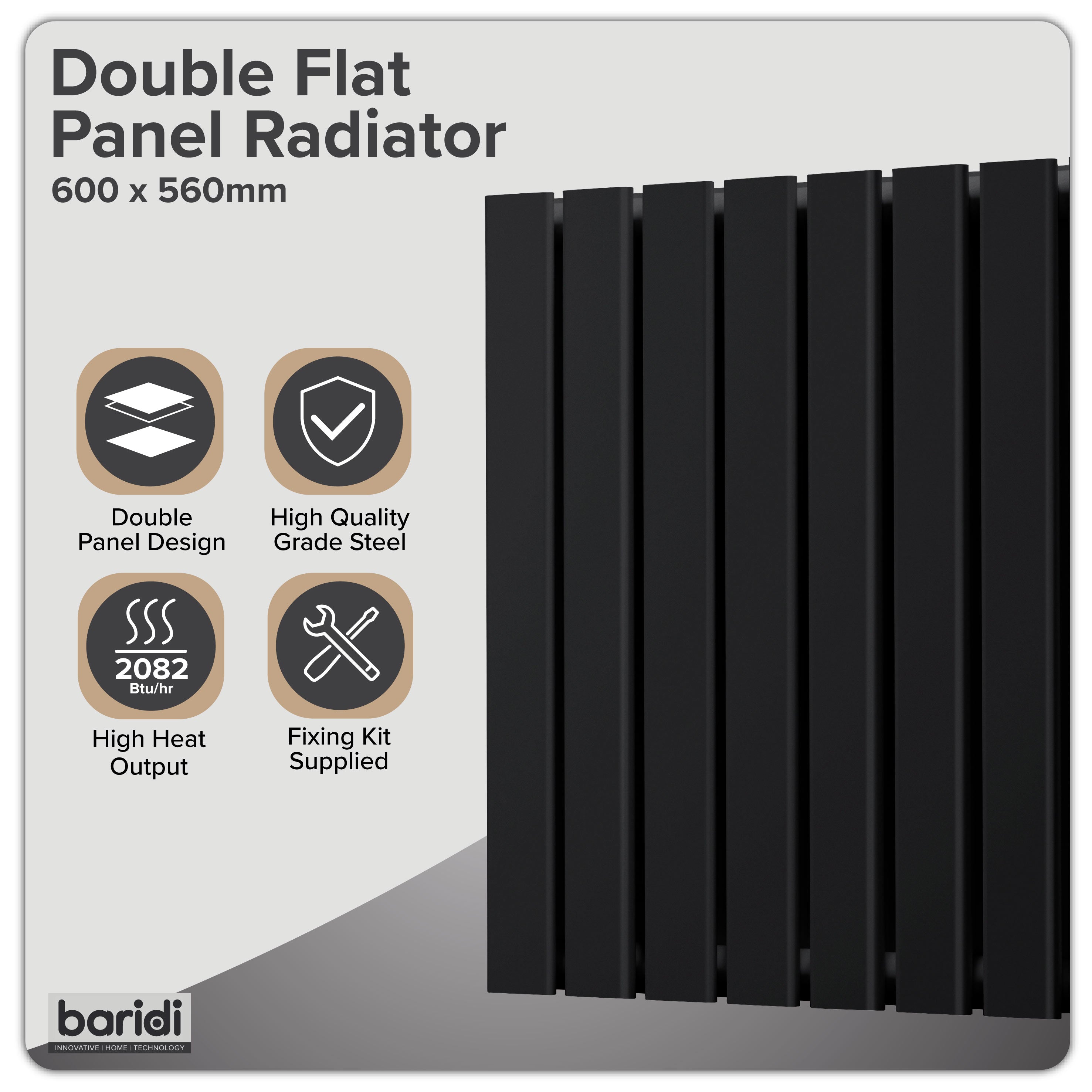 Baridi Horizontal Radiator Contemporary Double Flat Panel Design 600 x 560mm, Black - DH344
