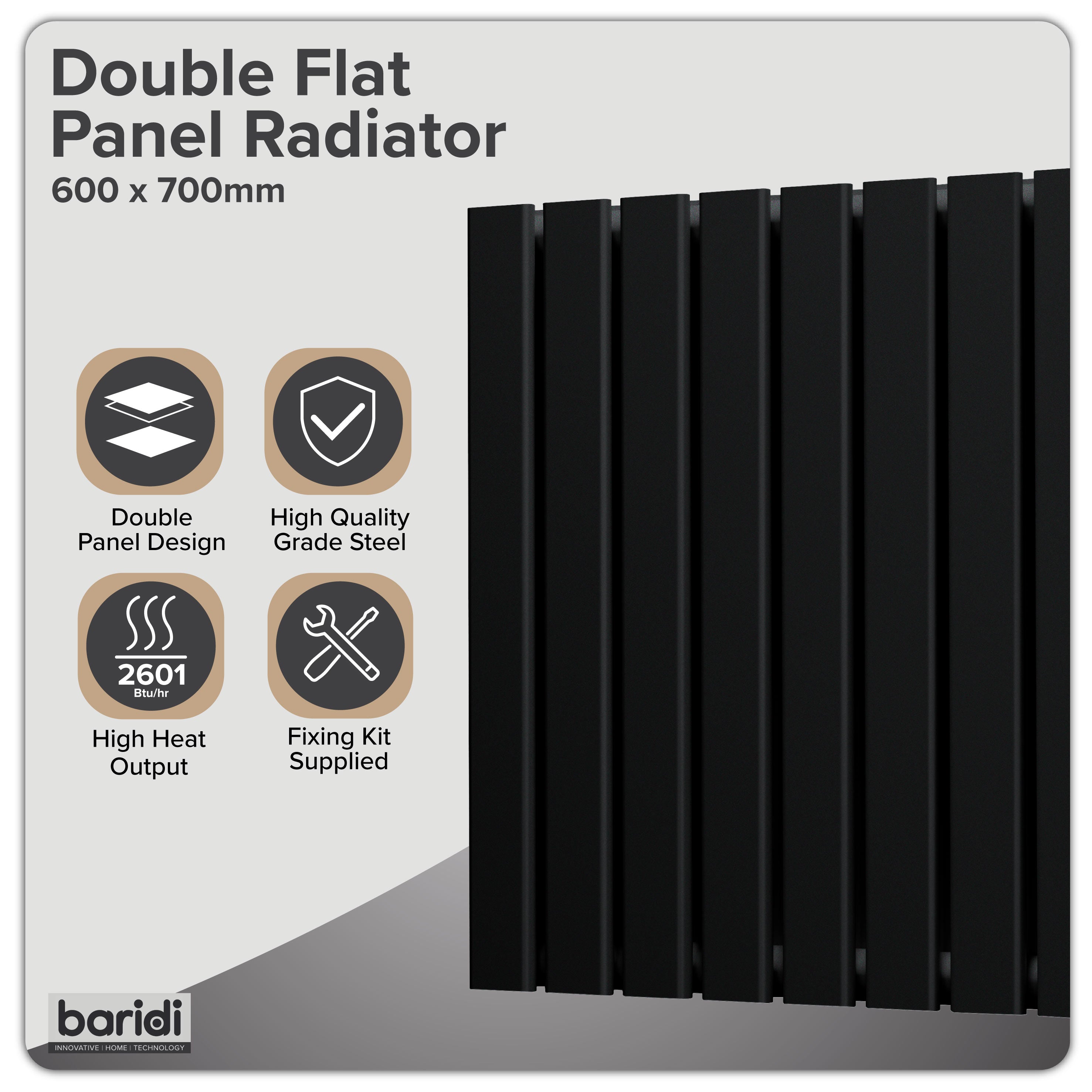 Baridi Horizontal Radiator Contemporary Double Flat Panel Design 600 x 700mm, Black - DH345