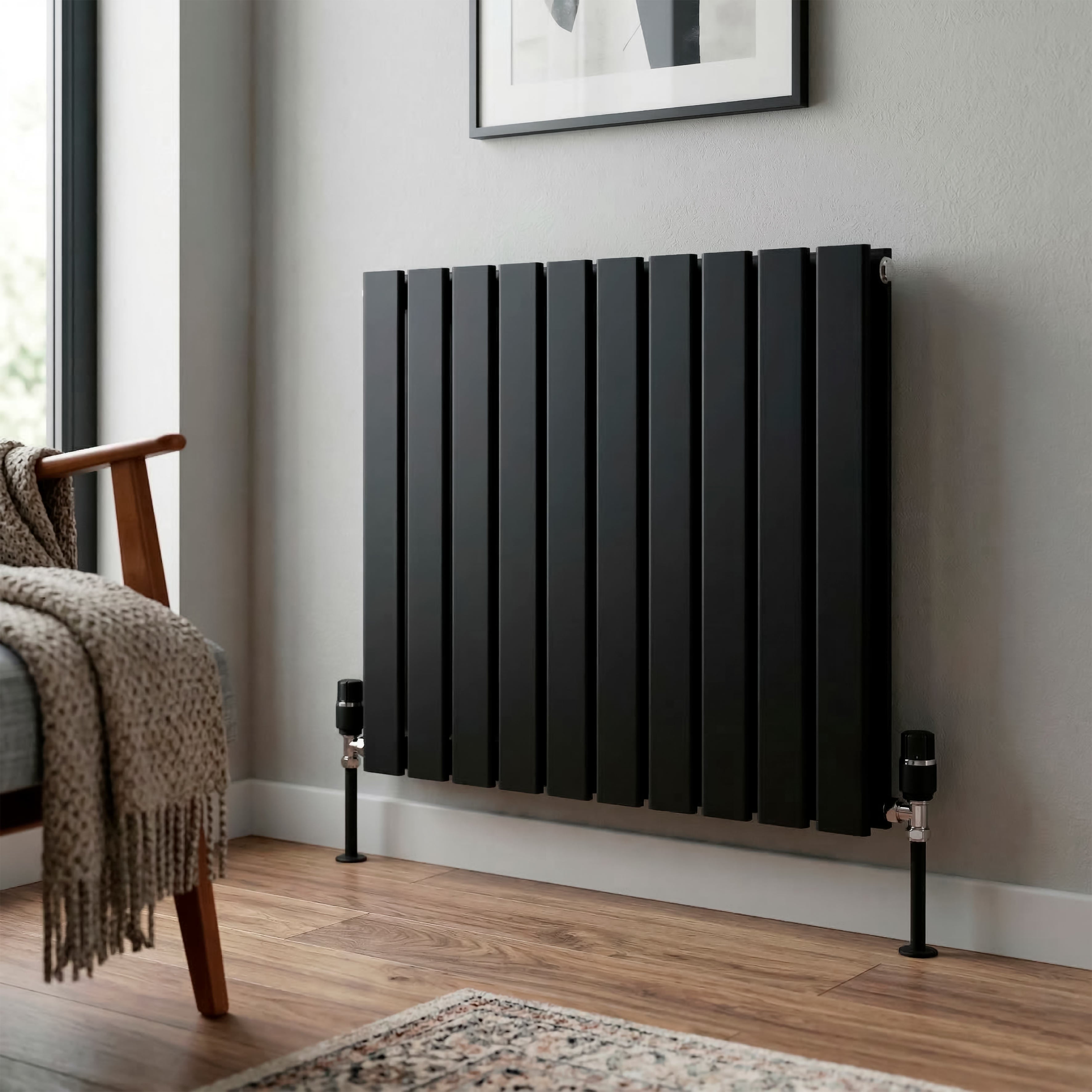Baridi Horizontal Radiator Contemporary Double Flat Panel Design 600 x 700mm, Black - DH345