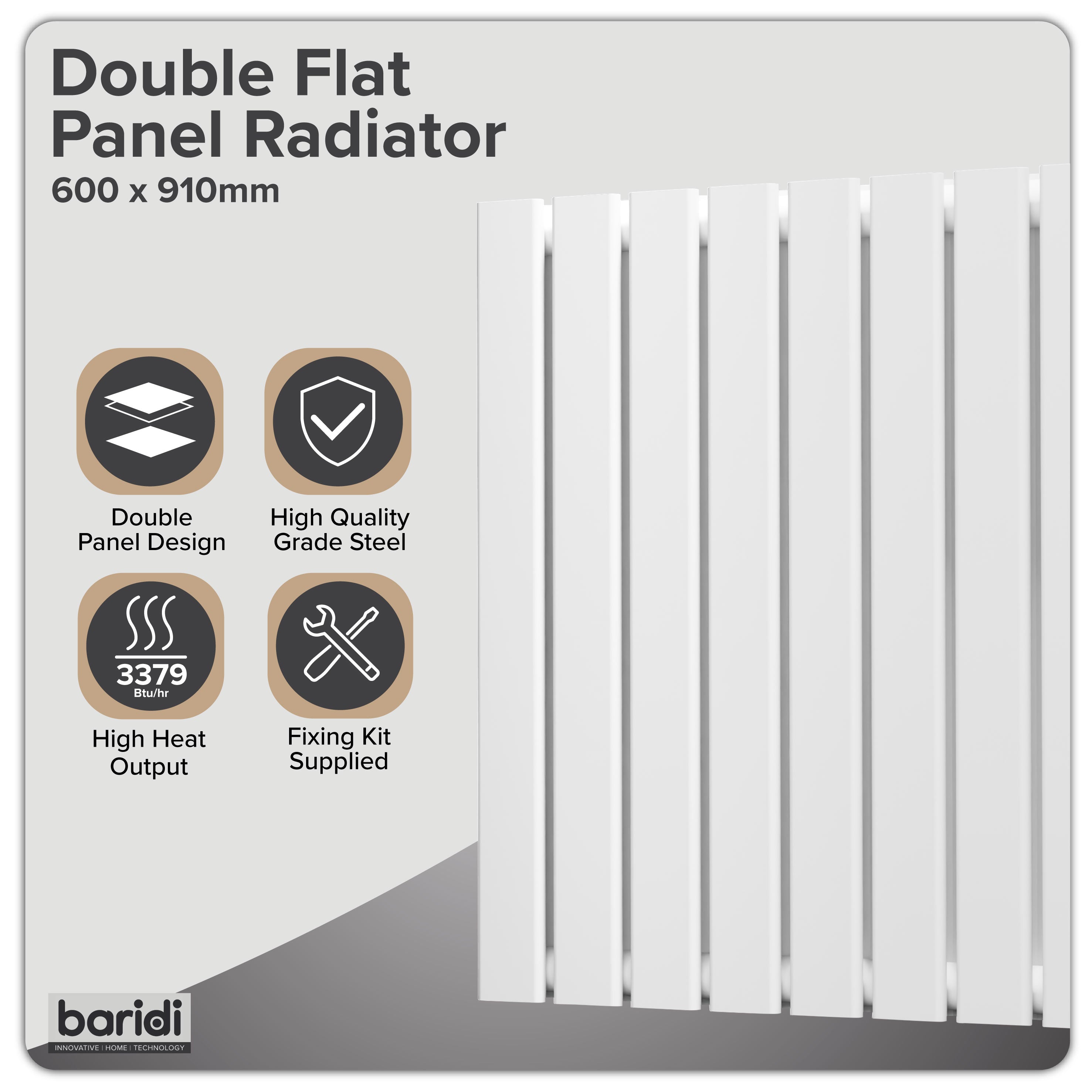Baridi Horizontal Radiator Contemporary Double Flat Panel Design 600 x 910mm, White - DH351
