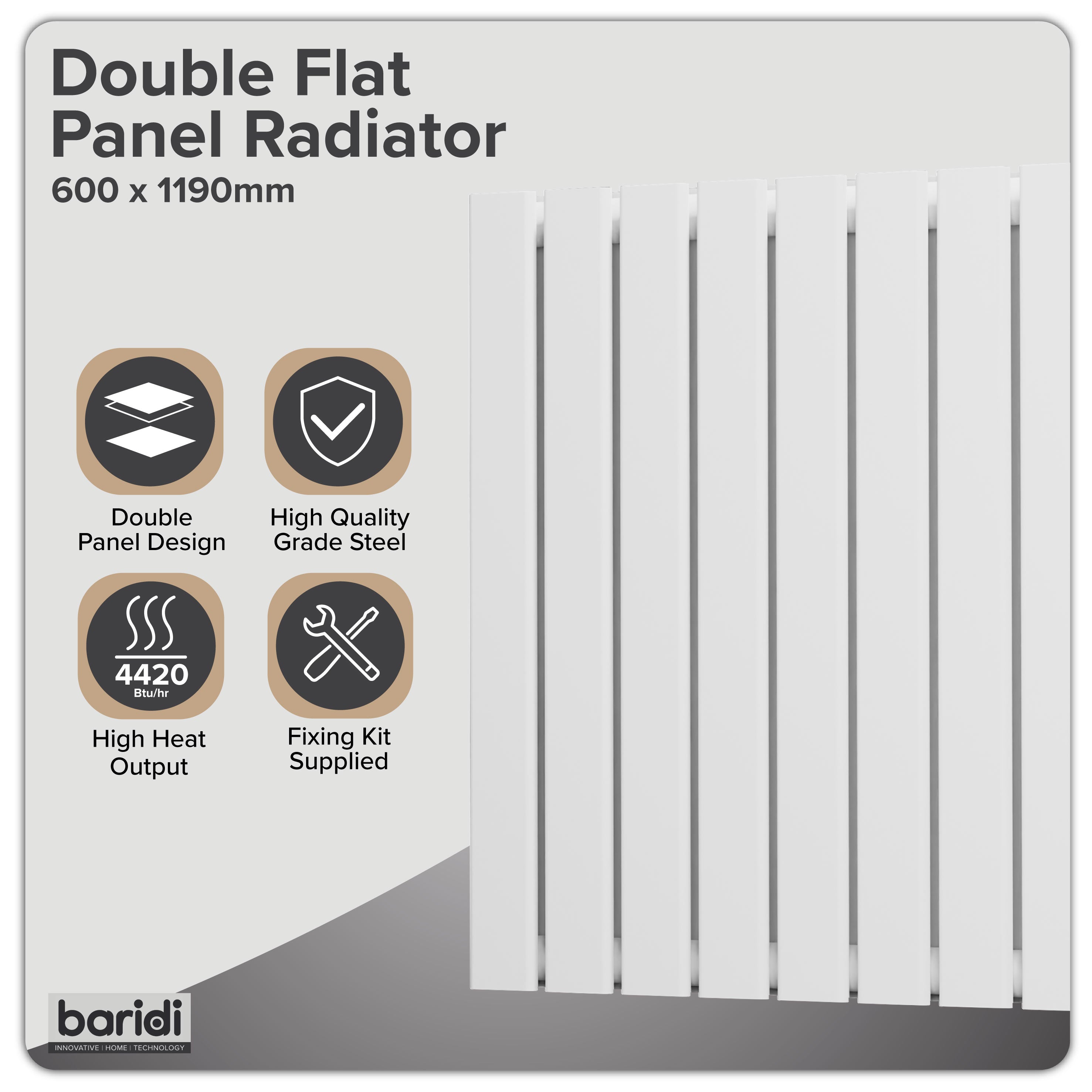 Baridi Horizontal Radiator Contemporary Double Flat Panel Design 600 x 1190mm, White - DH352