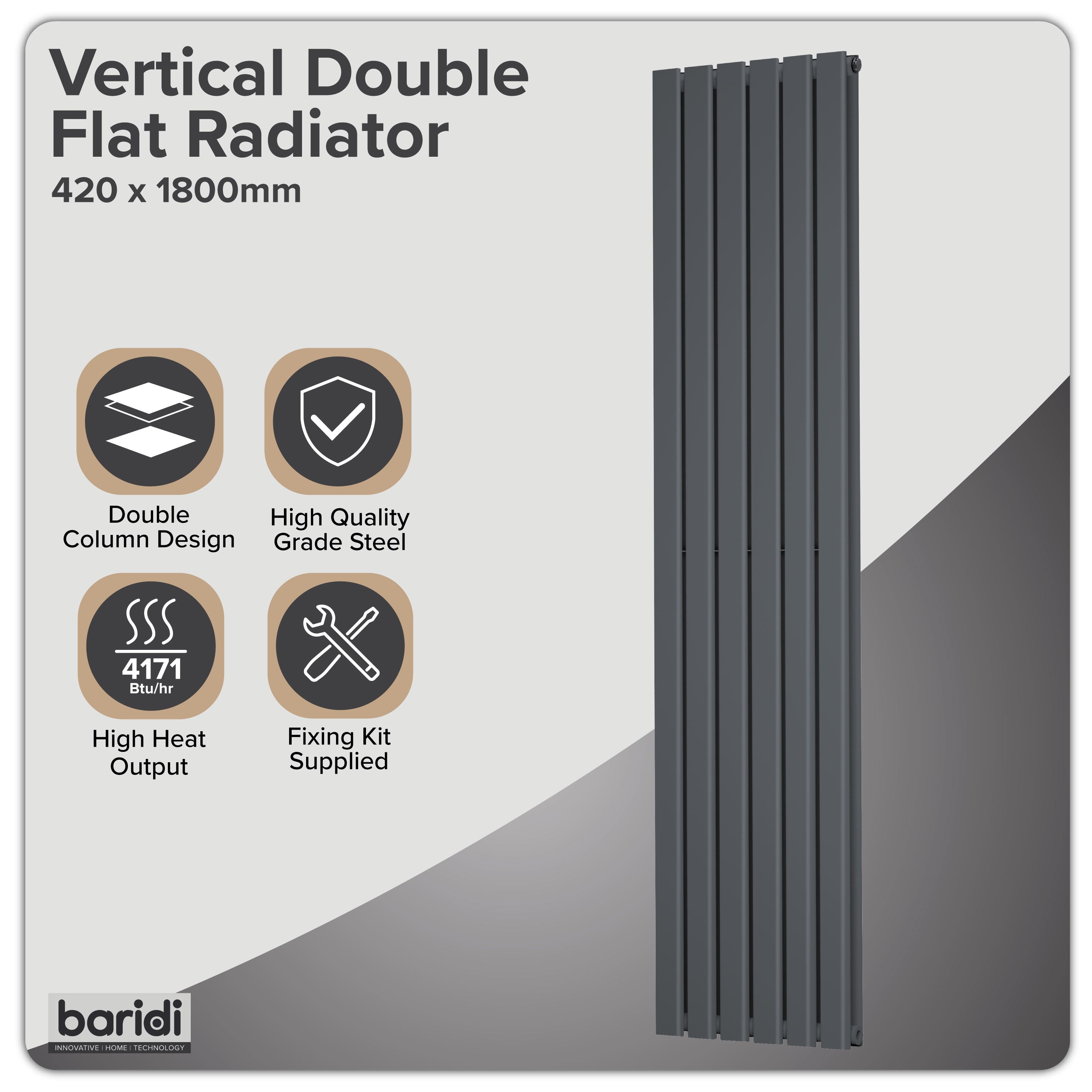 Baridi Vertical Radiator Contemporary Double Flat Panel Design 420 x 1800mm, Anthracite - DH353