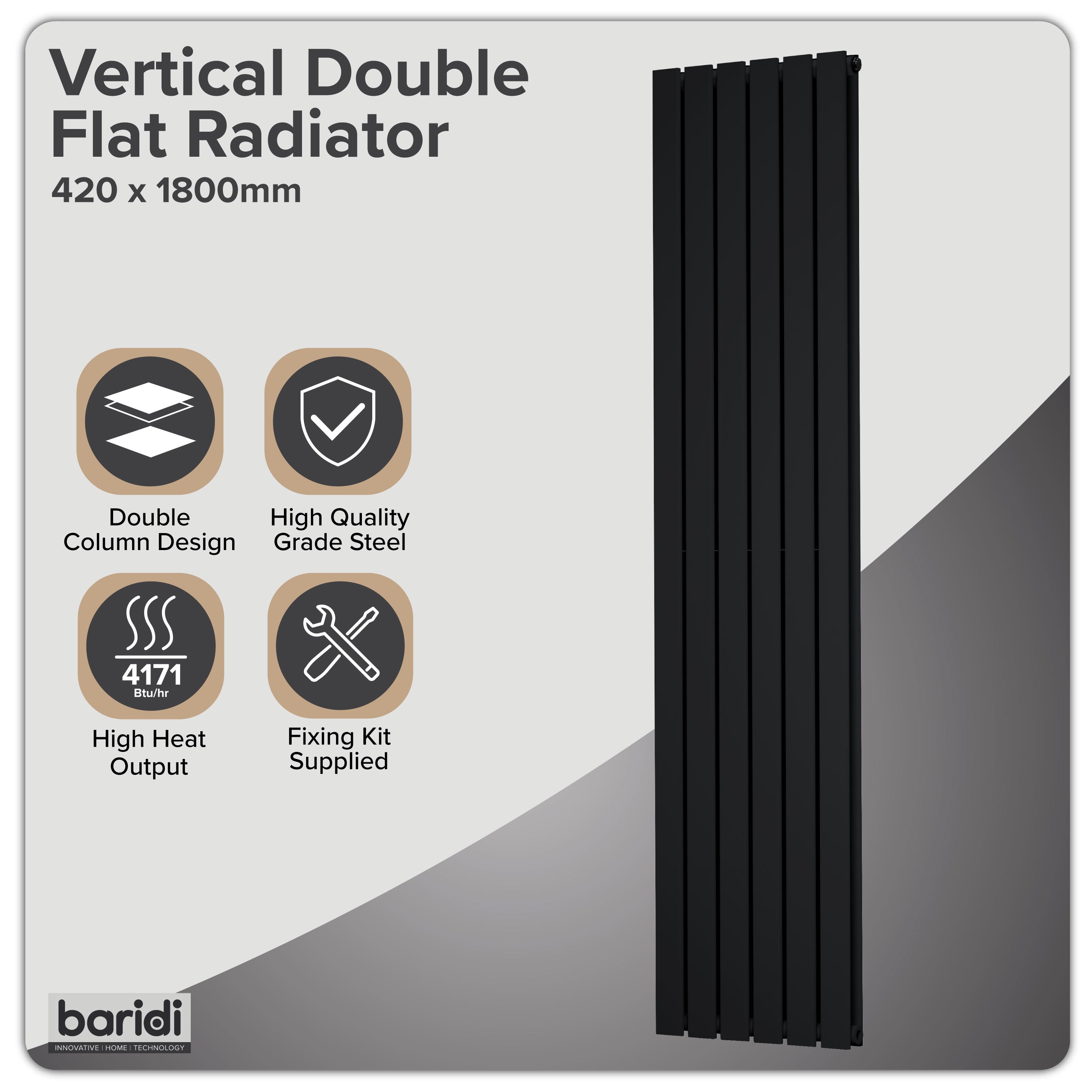 Baridi Vertical Radiator Contemporary Double Flat Panel Design 420 x 1800mm, Black - DH354