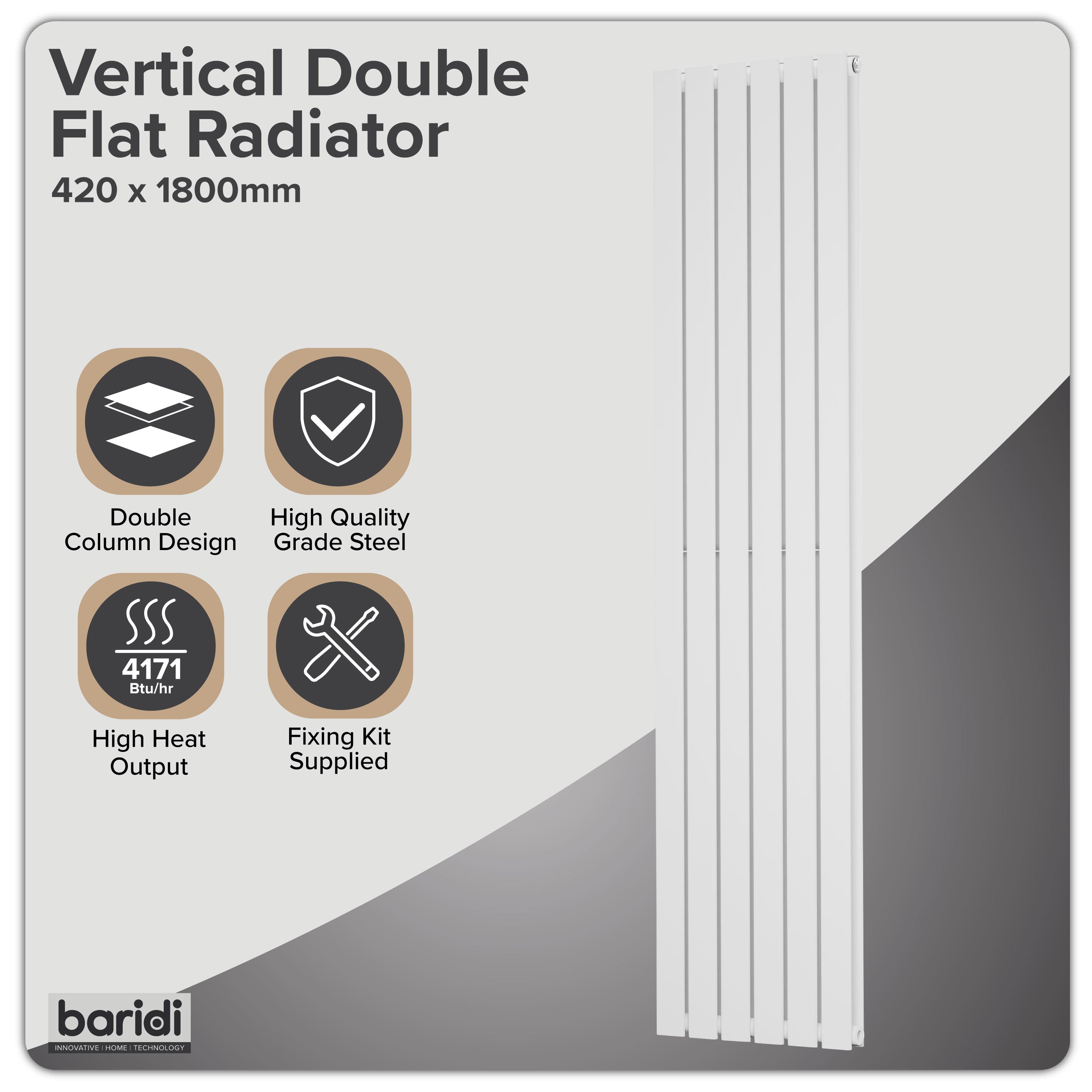 Baridi Vertical Radiator Contemporary Double Flat Panel Design 420 x 1800mm, White - DH355