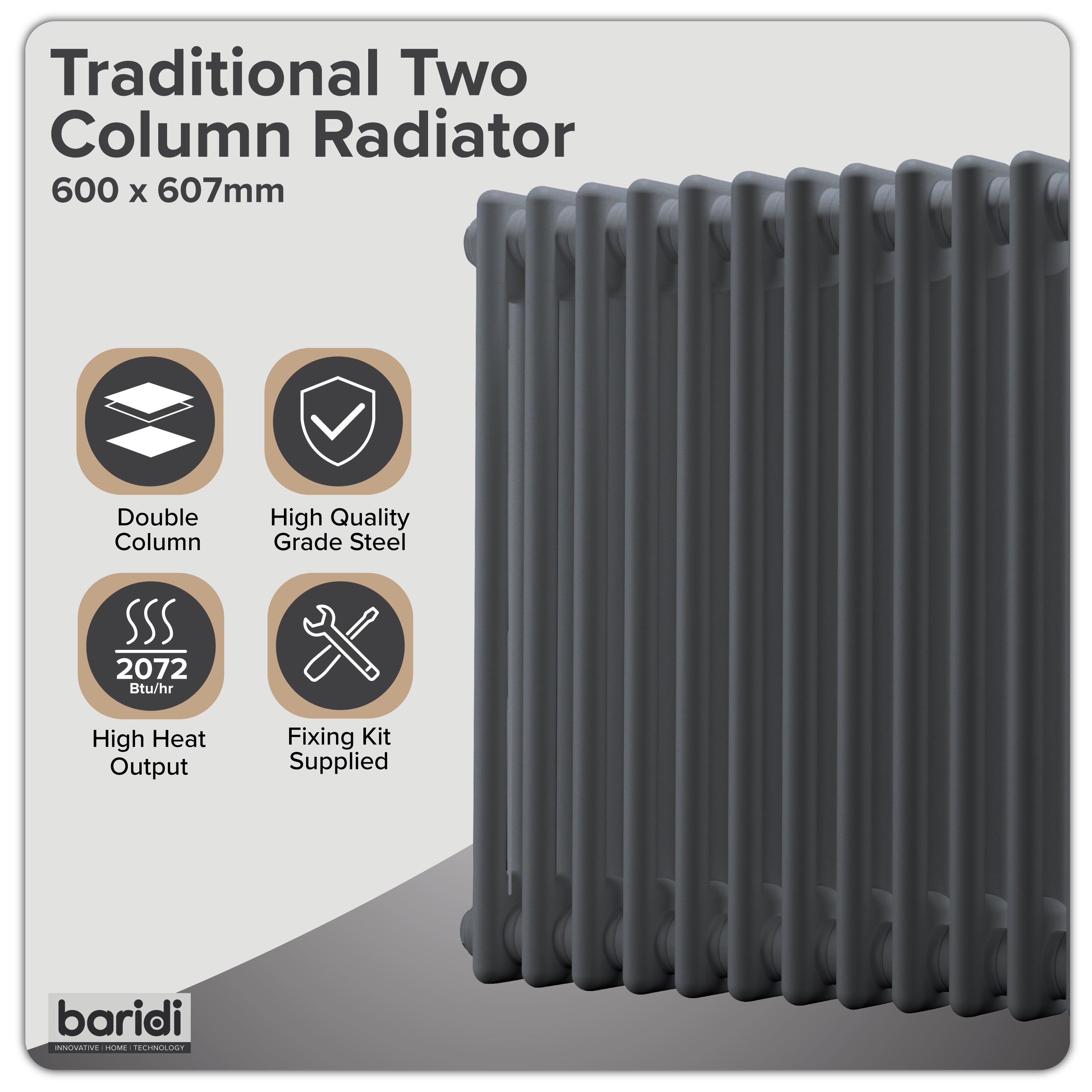 Baridi Horizontal Traditional 2 Column Radiator 600 x 607mm, Anthracite - DH357