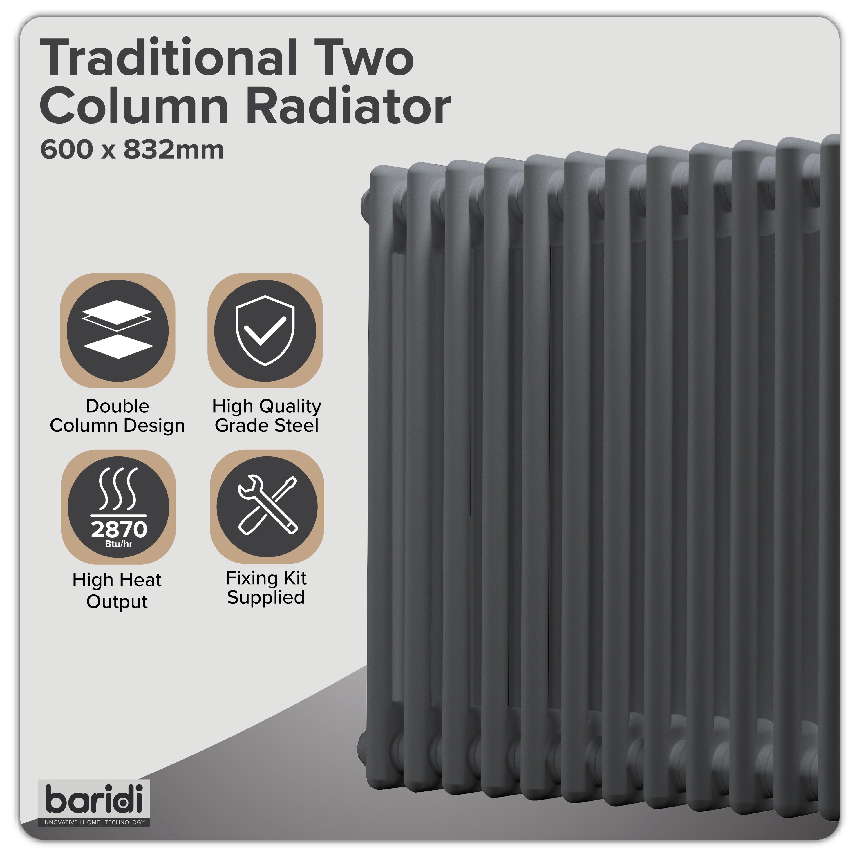 Baridi Horizontal Traditional 2 Column Radiator 600 x 832mm, Anthracite - DH358