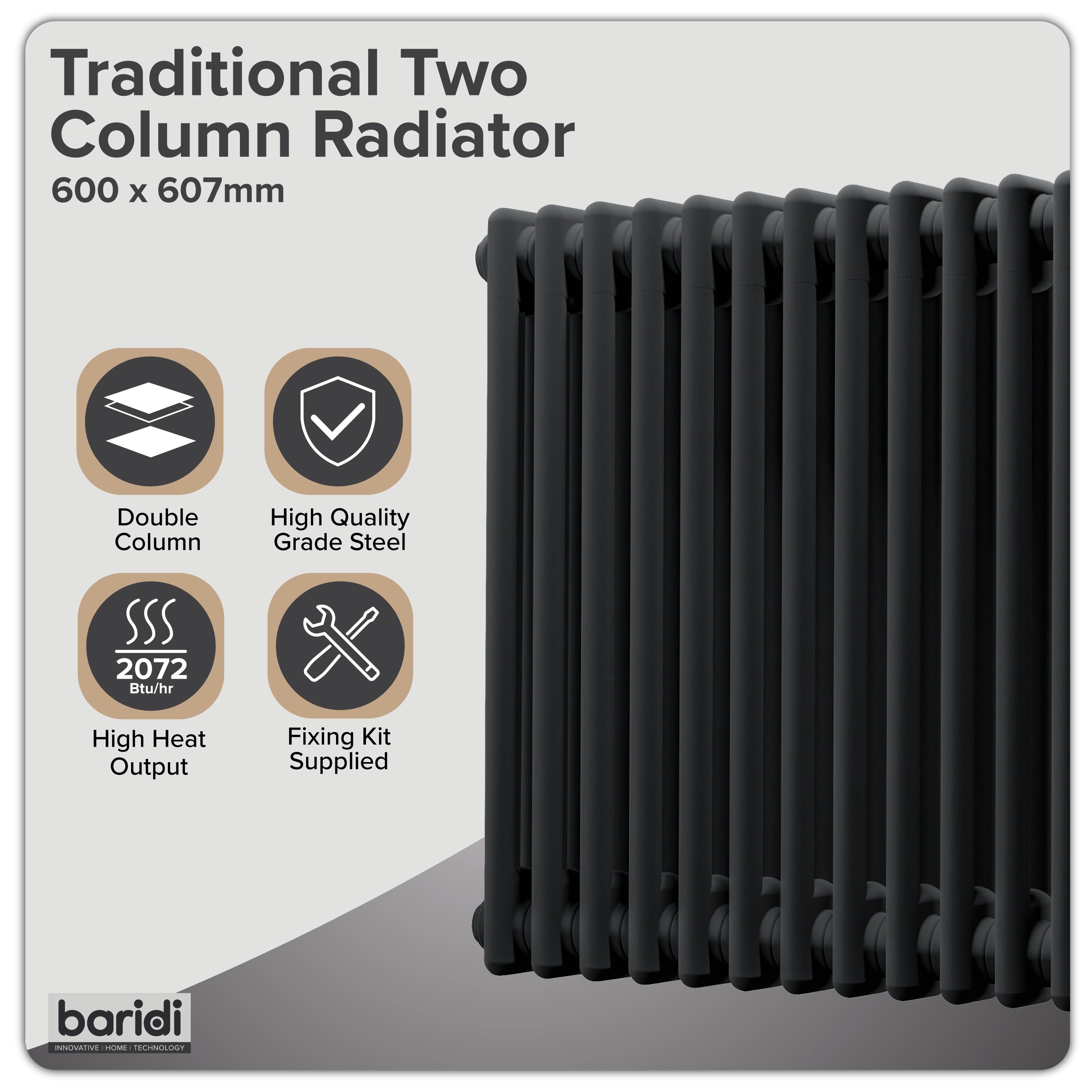 Baridi Horizontal Traditional 2 Column Radiator 600 x 607mm, Black - DH362