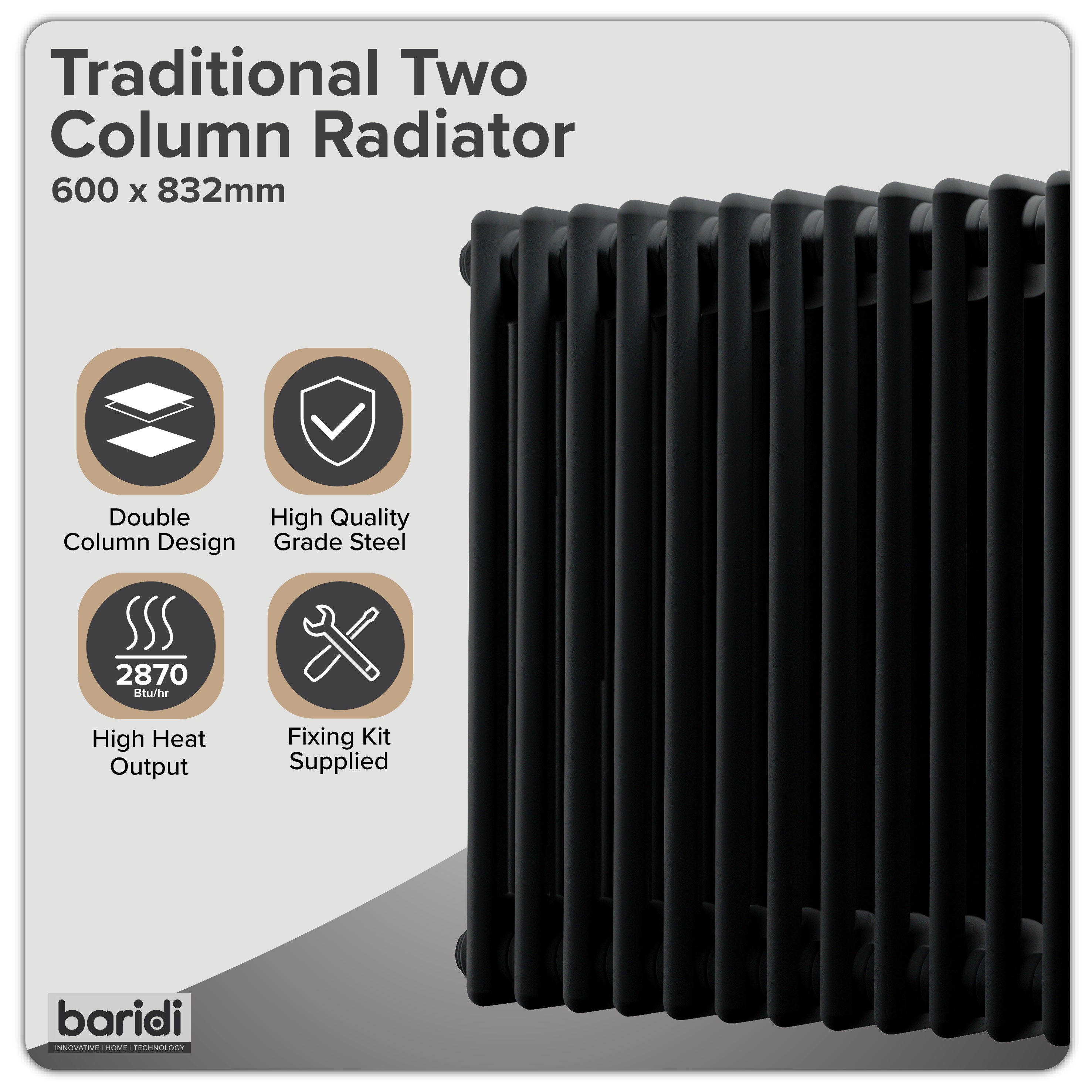 Baridi Horizontal Traditional 2 Column Radiator 600 x 832mm, Black - DH363