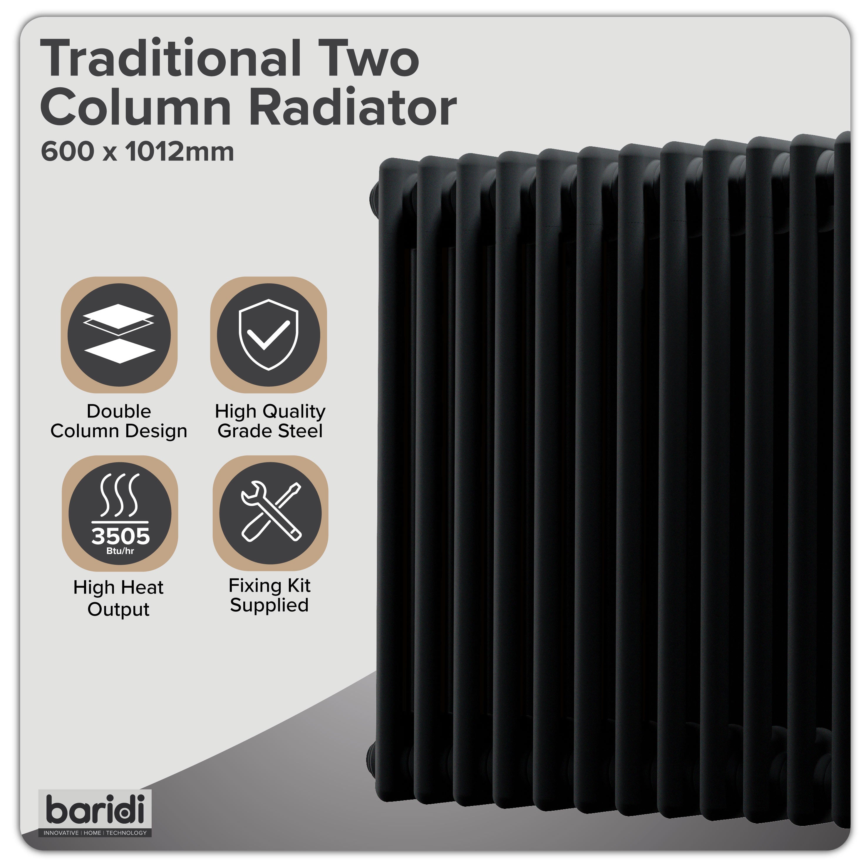 Baridi Horizontal Traditional 2 Column Radiator 600 x 1012mm, Black - DH364