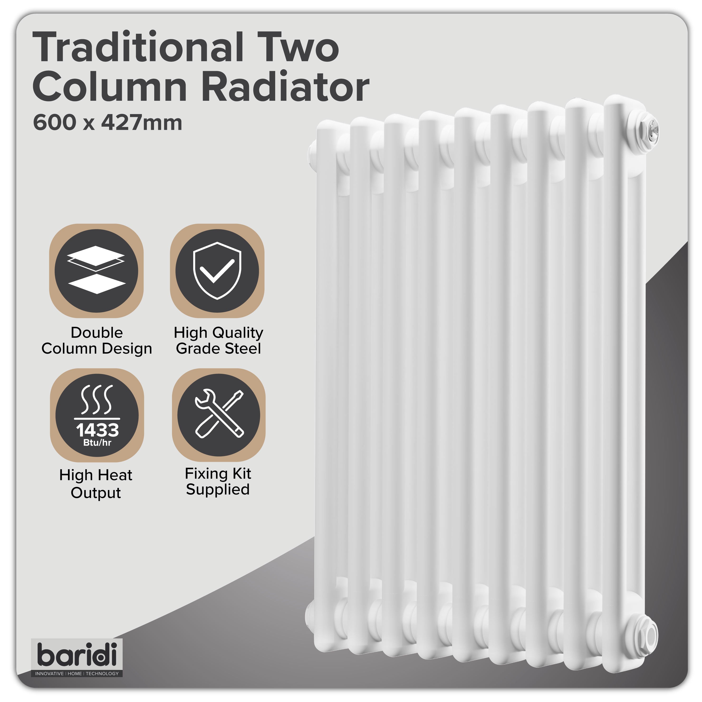Baridi Horizontal Traditional 2 Column Radiator 600 x 427mm, White - DH366