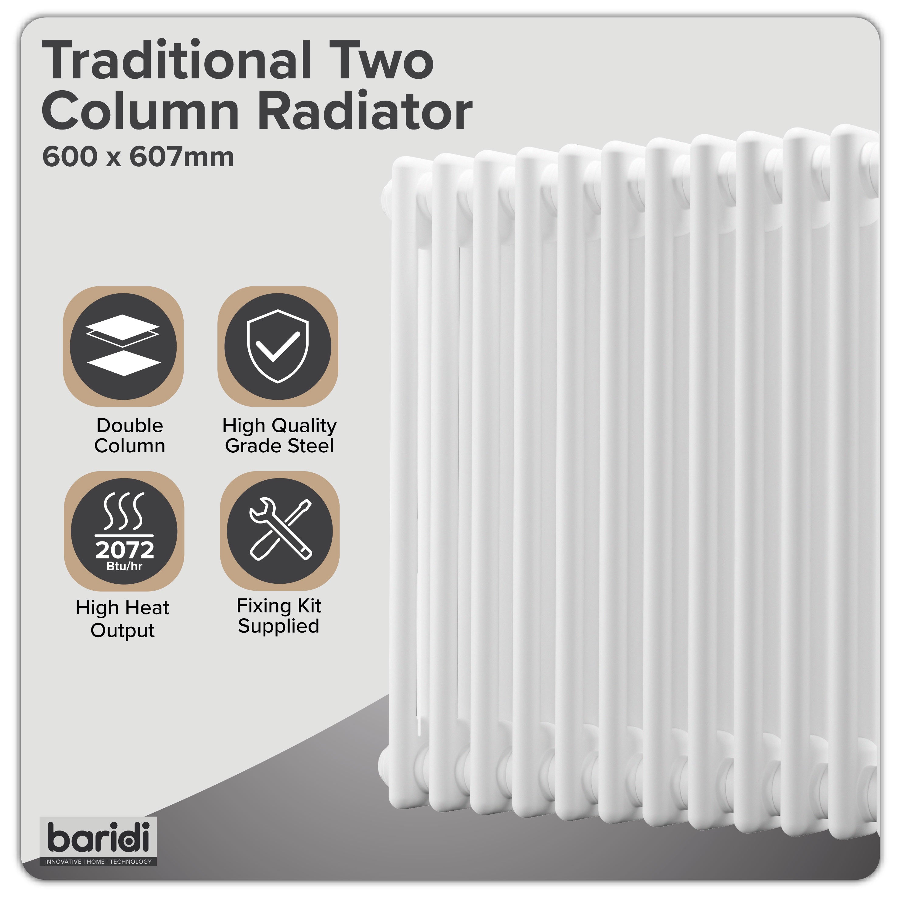 Baridi Horizontal Traditional 2 Column Radiator 600 x 607mm, White - DH367