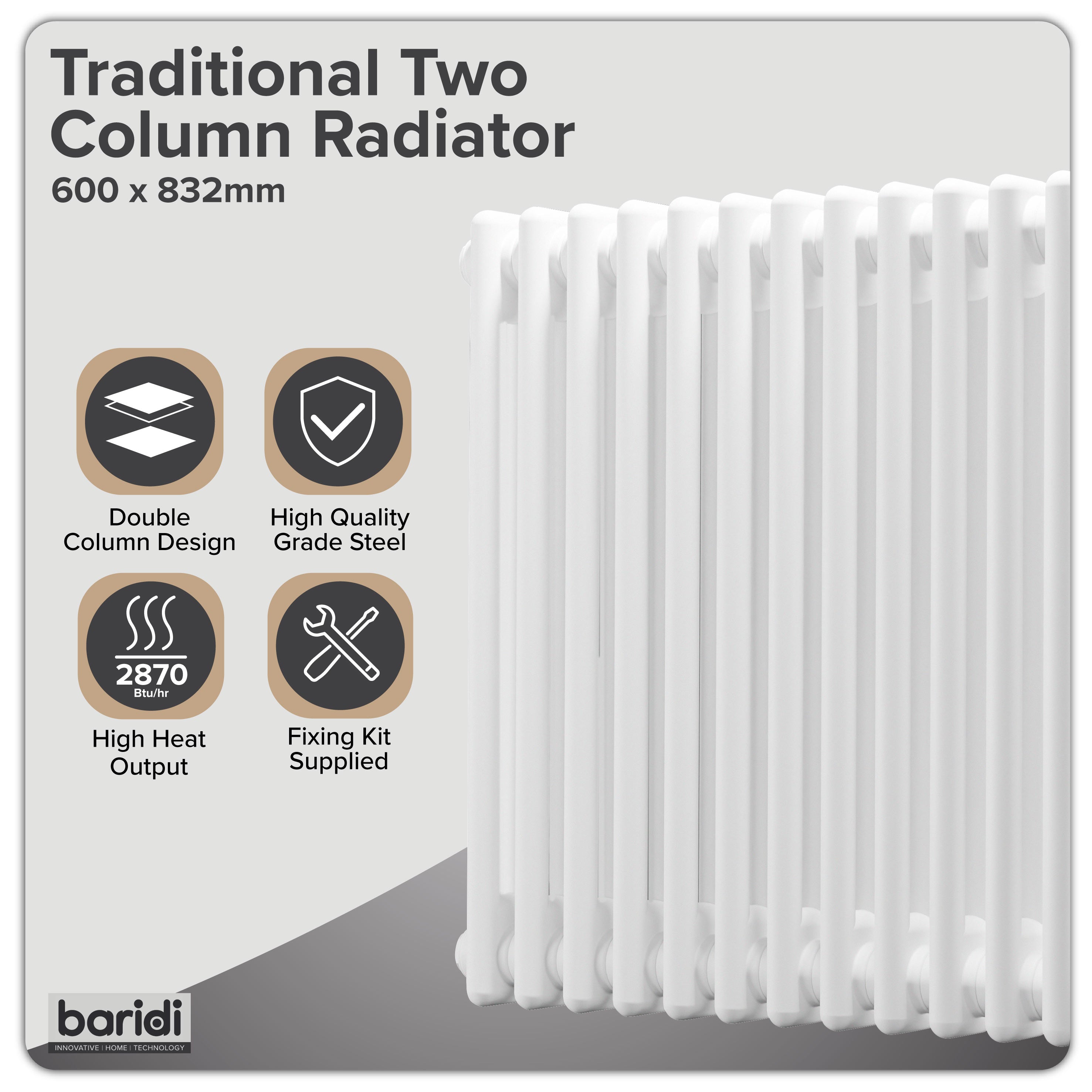 Baridi Horizontal Traditional 2 Column Radiator 600 x 832mm, White - DH368
