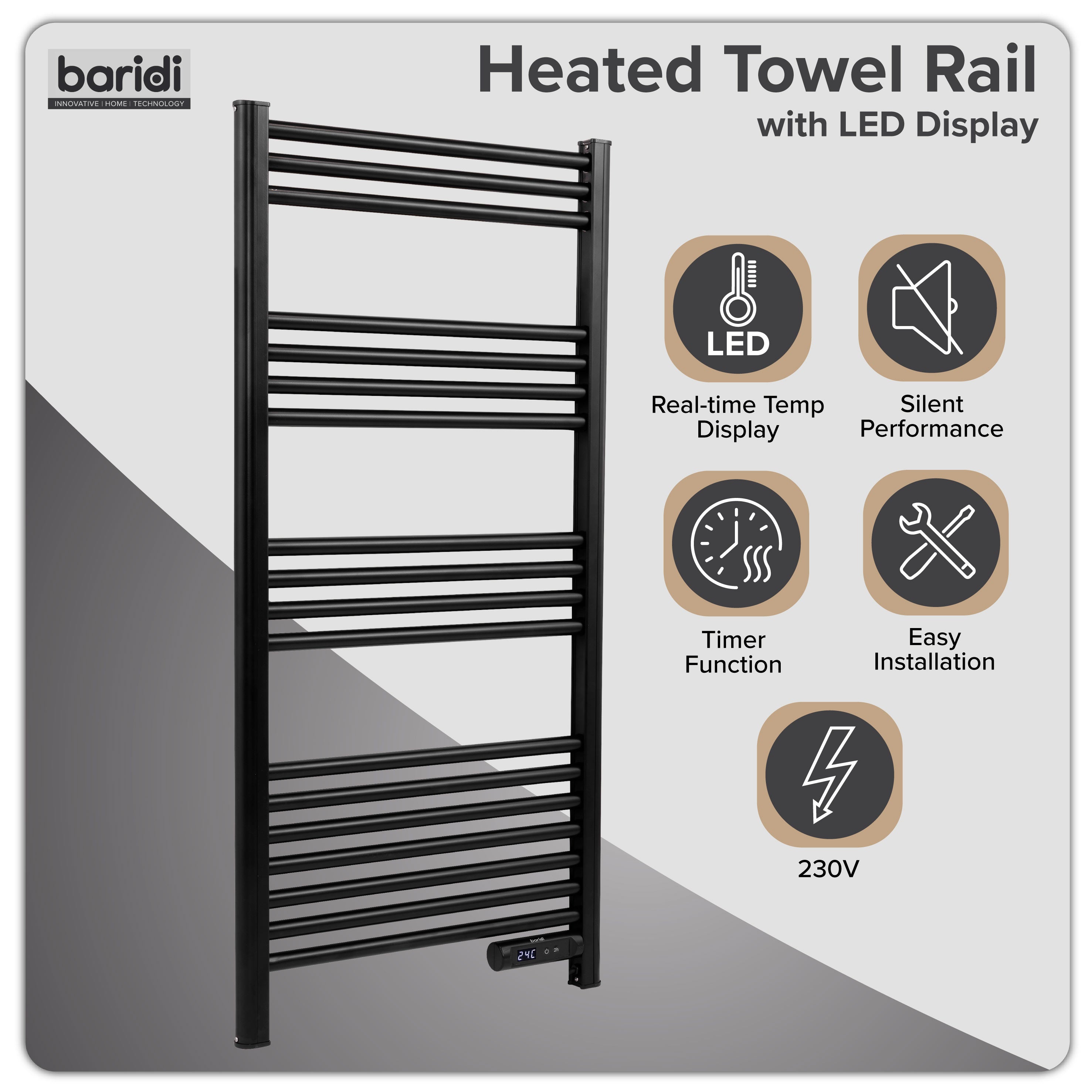 Baridi Electric Heated Towel Rail with LED Display, Black - DH371