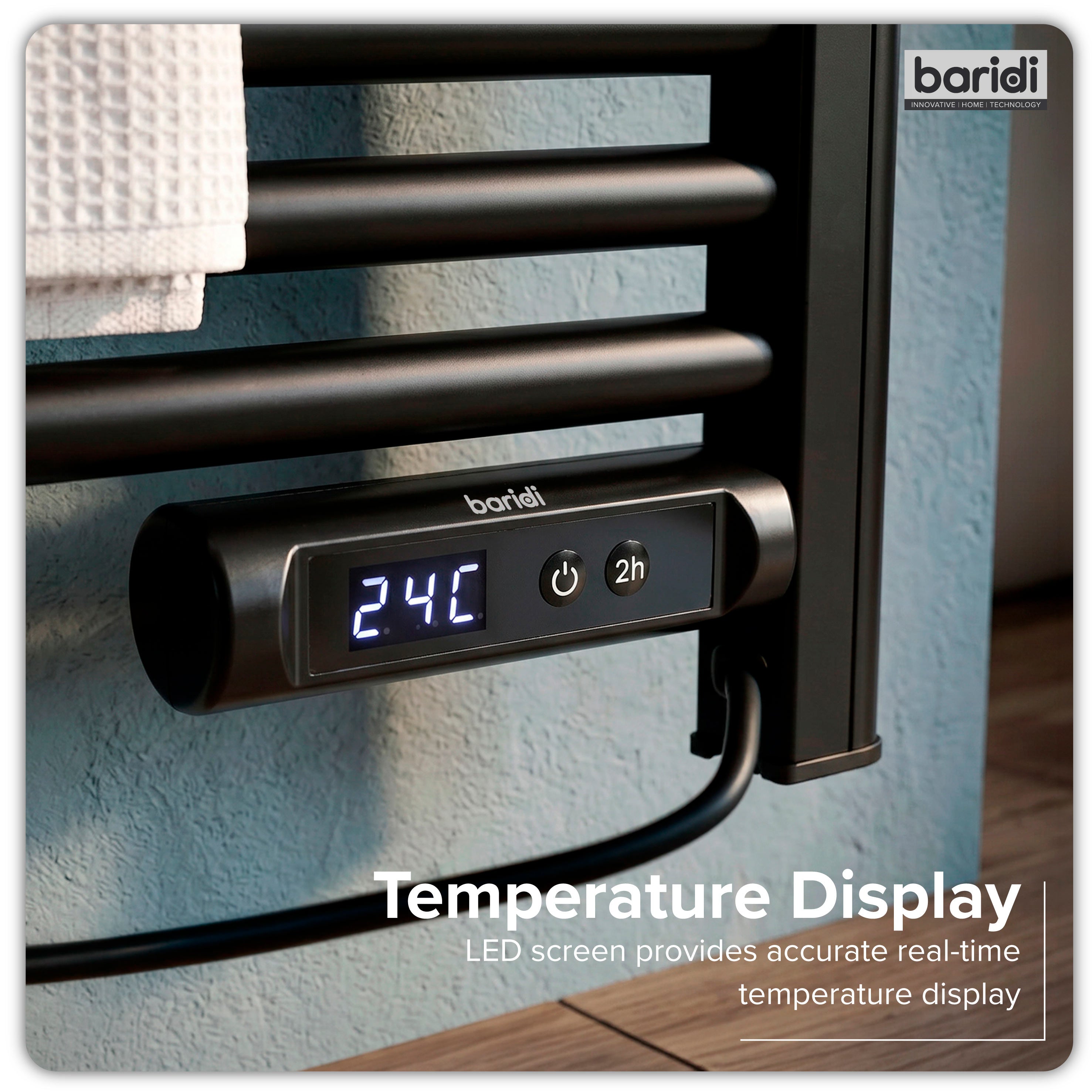 Baridi Electric Heated Towel Rail with LED Display, Black - DH371
