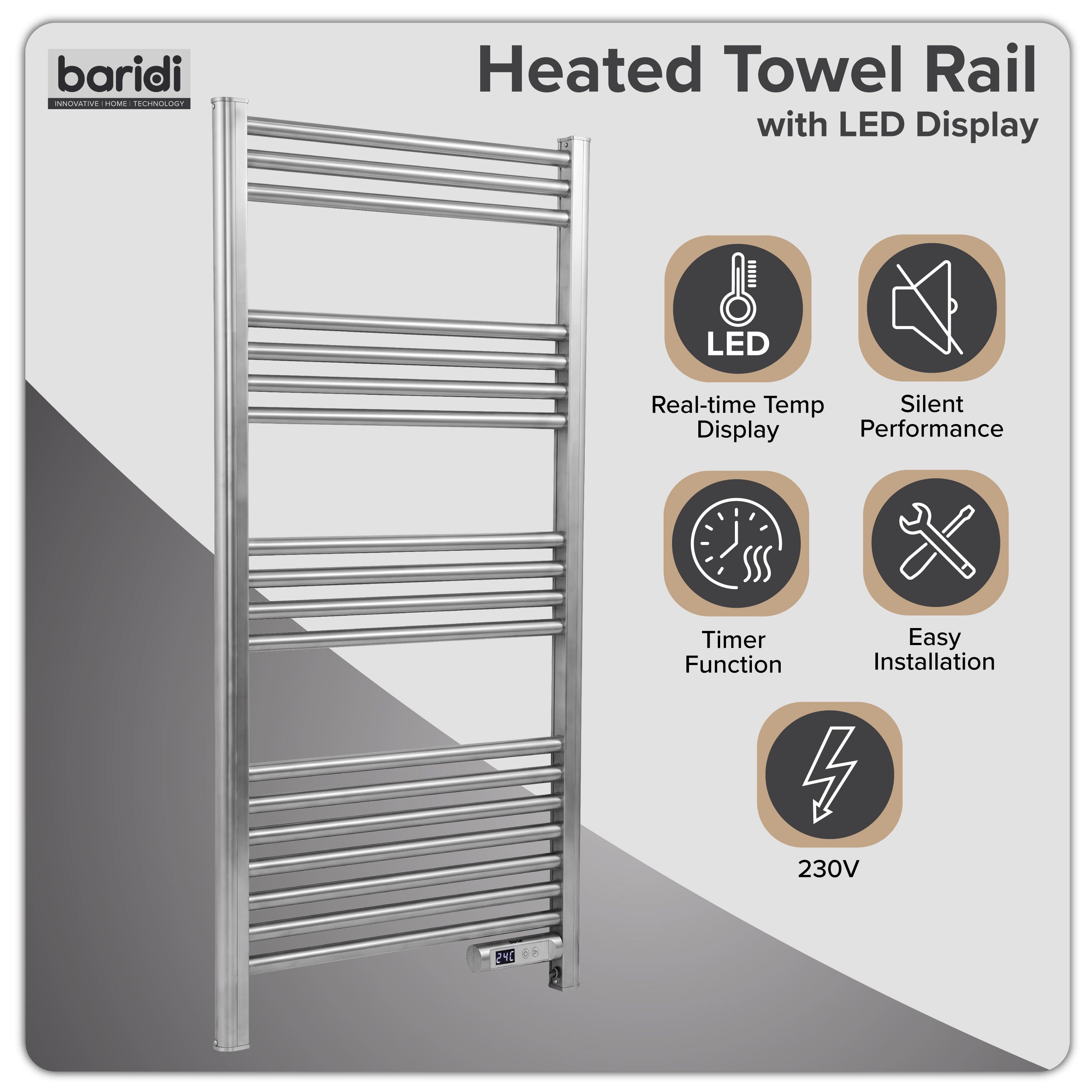 Baridi Electric Heated Towel Rail with LED Display, Silver - DH372
