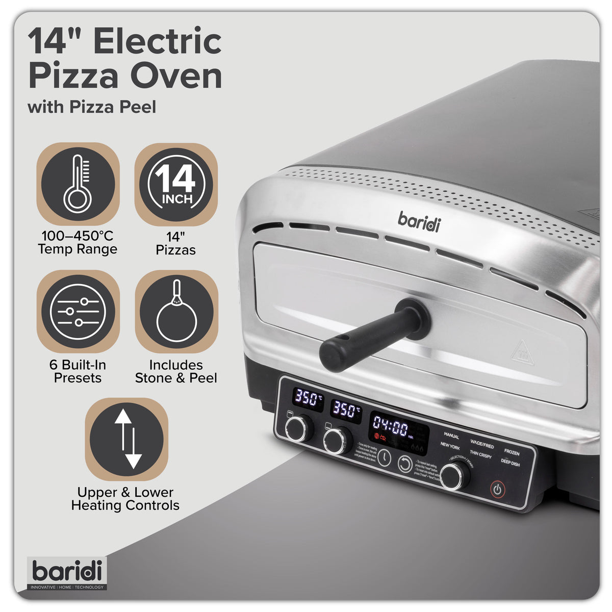 Baridi Electric Pizza Oven 14" with Pizza Peel, Black/Stainless Steel - DH377