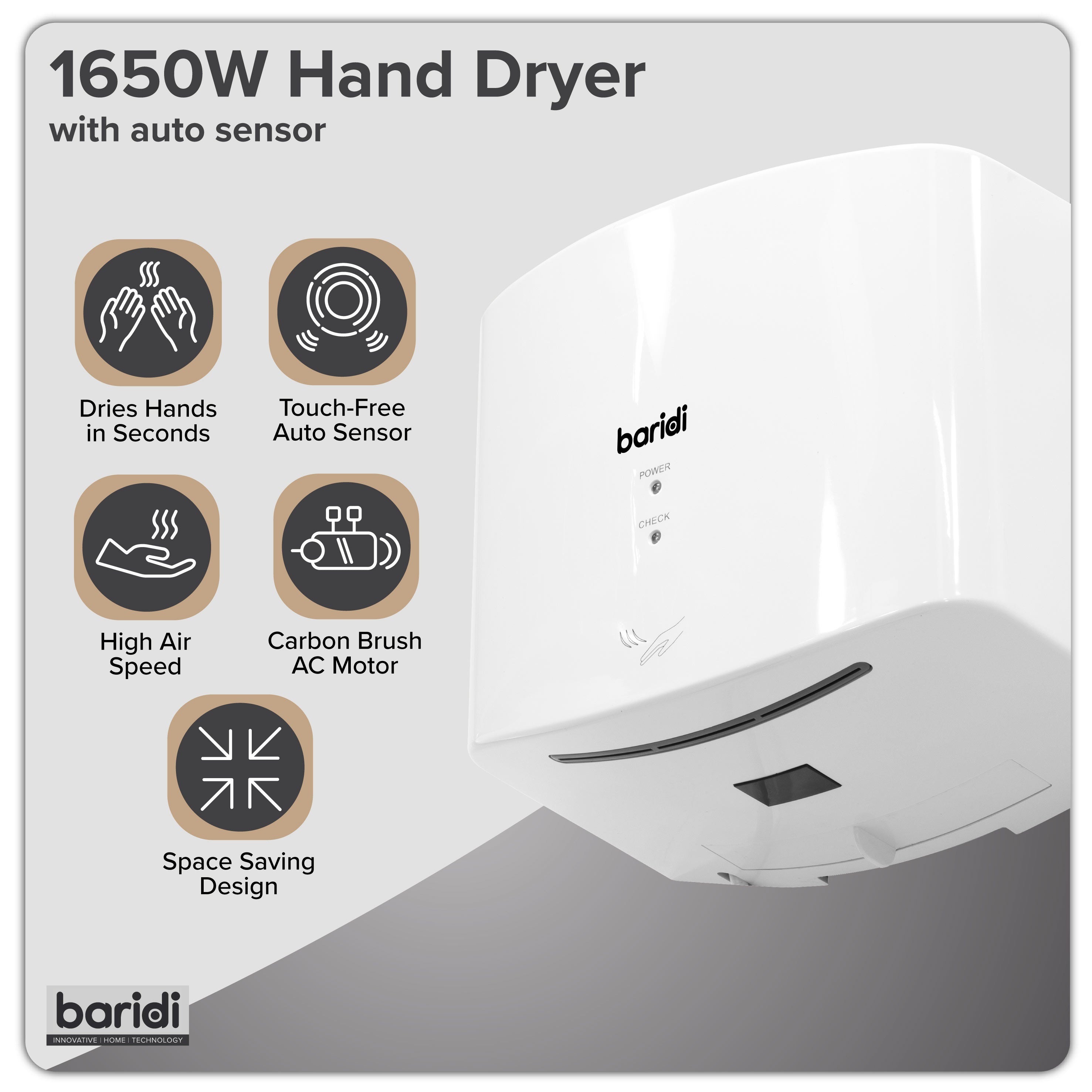 Baridi High Speed Hand Dryer with Auto-Sensor 1400-1650W, White - DH378