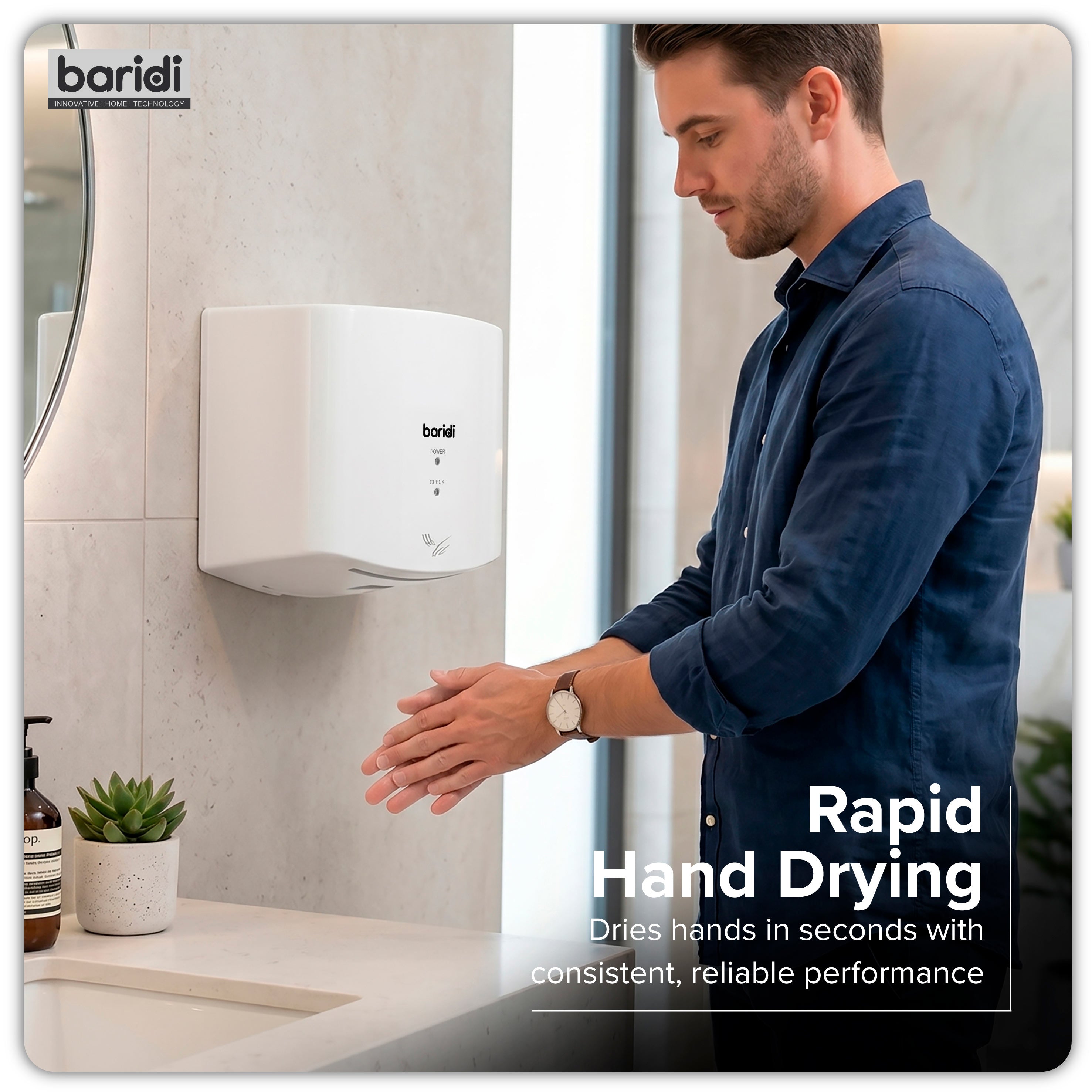 Baridi High Speed Hand Dryer with Auto-Sensor 1400-1650W, White - DH378