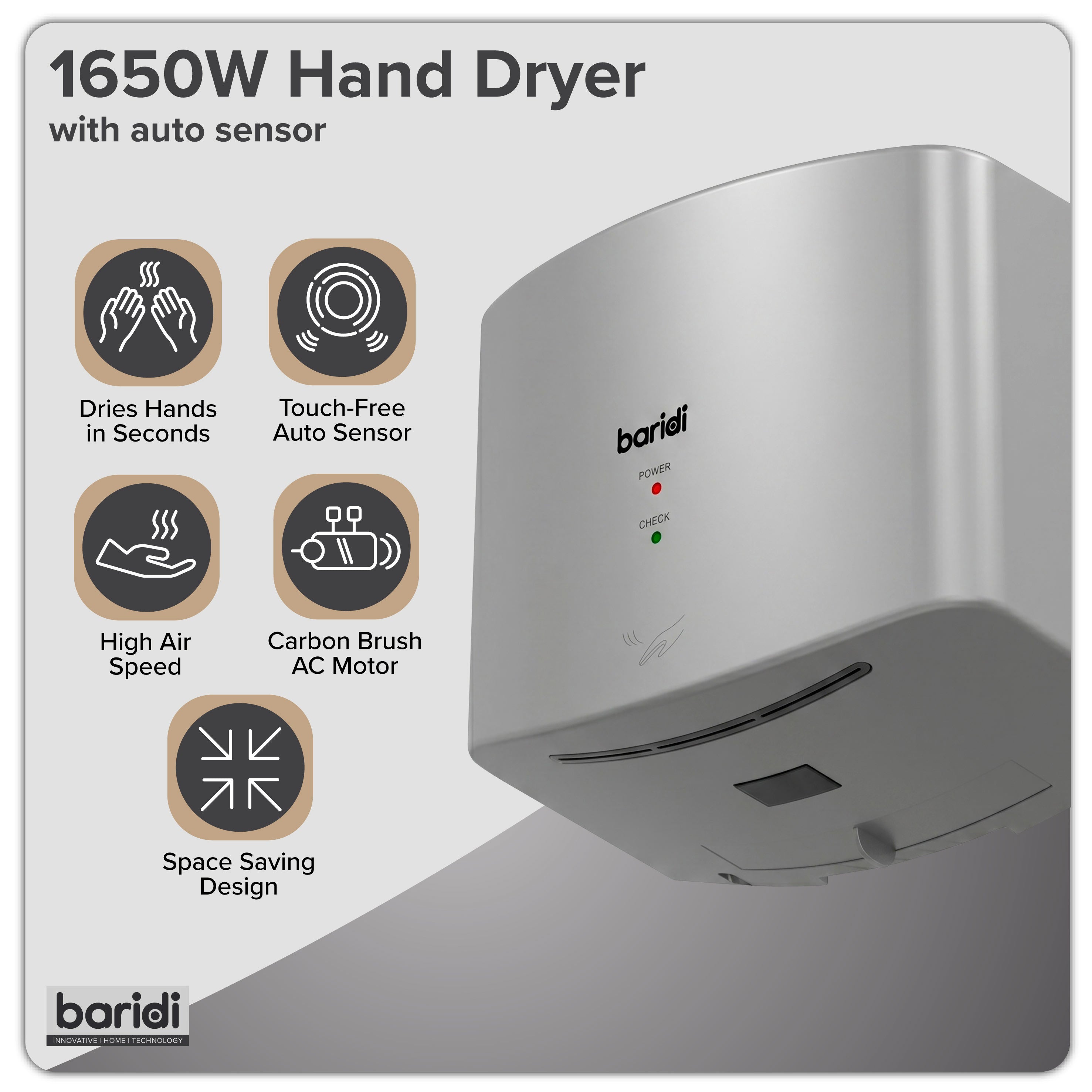 Baridi High Speed Hand Dryer with Auto-Sensor 1400-1650W, Silver - DH379