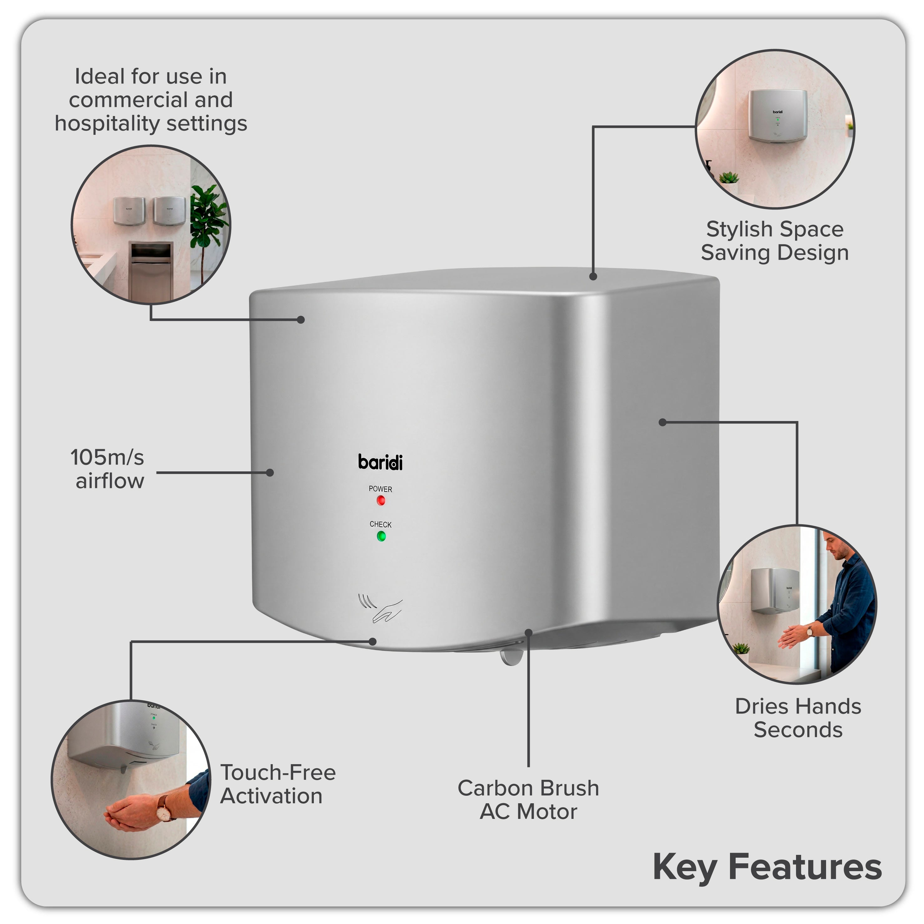 Baridi High Speed Hand Dryer with Auto-Sensor 1400-1650W, Silver - DH379