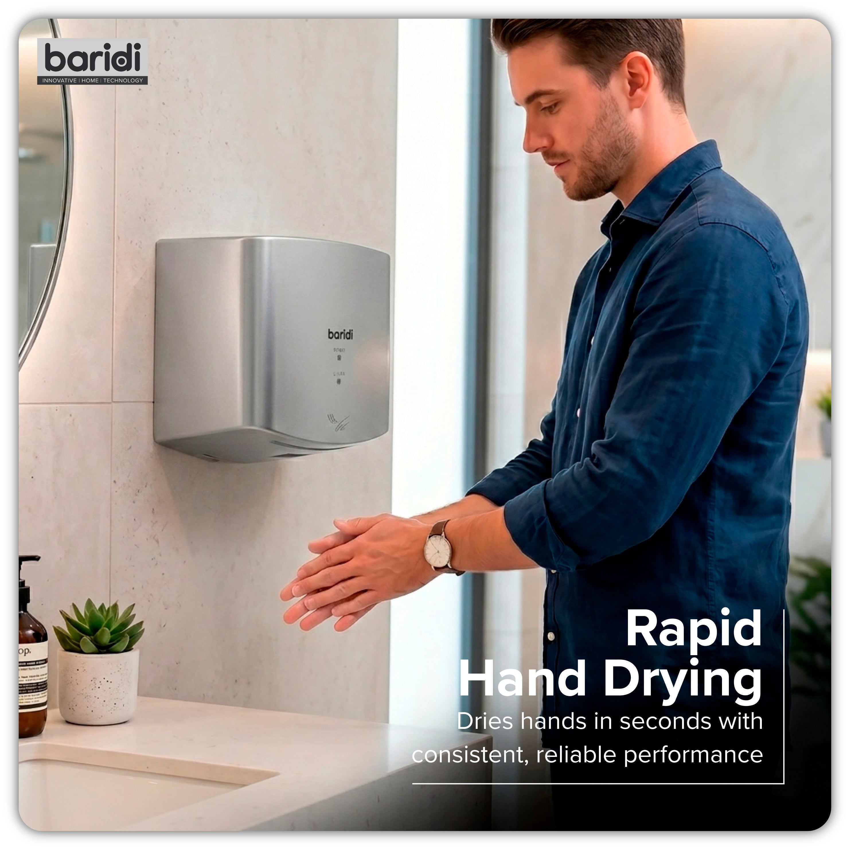 Baridi High Speed Hand Dryer with Auto-Sensor 1400-1650W, Silver - DH379