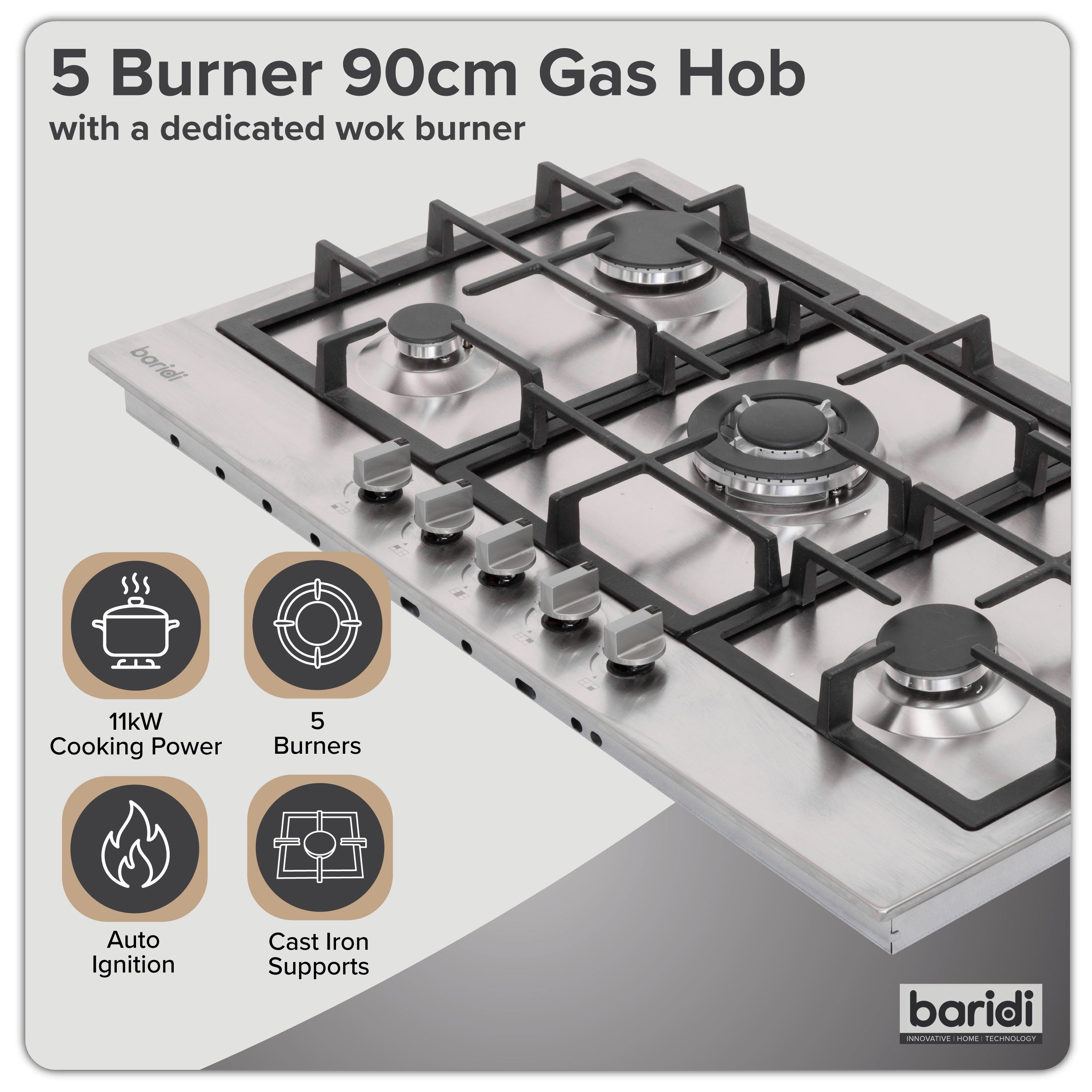 Baridi 90cm Gas Hob with Cast Iron Pan Supports & Wok Burner, Stainless Steel - DH382