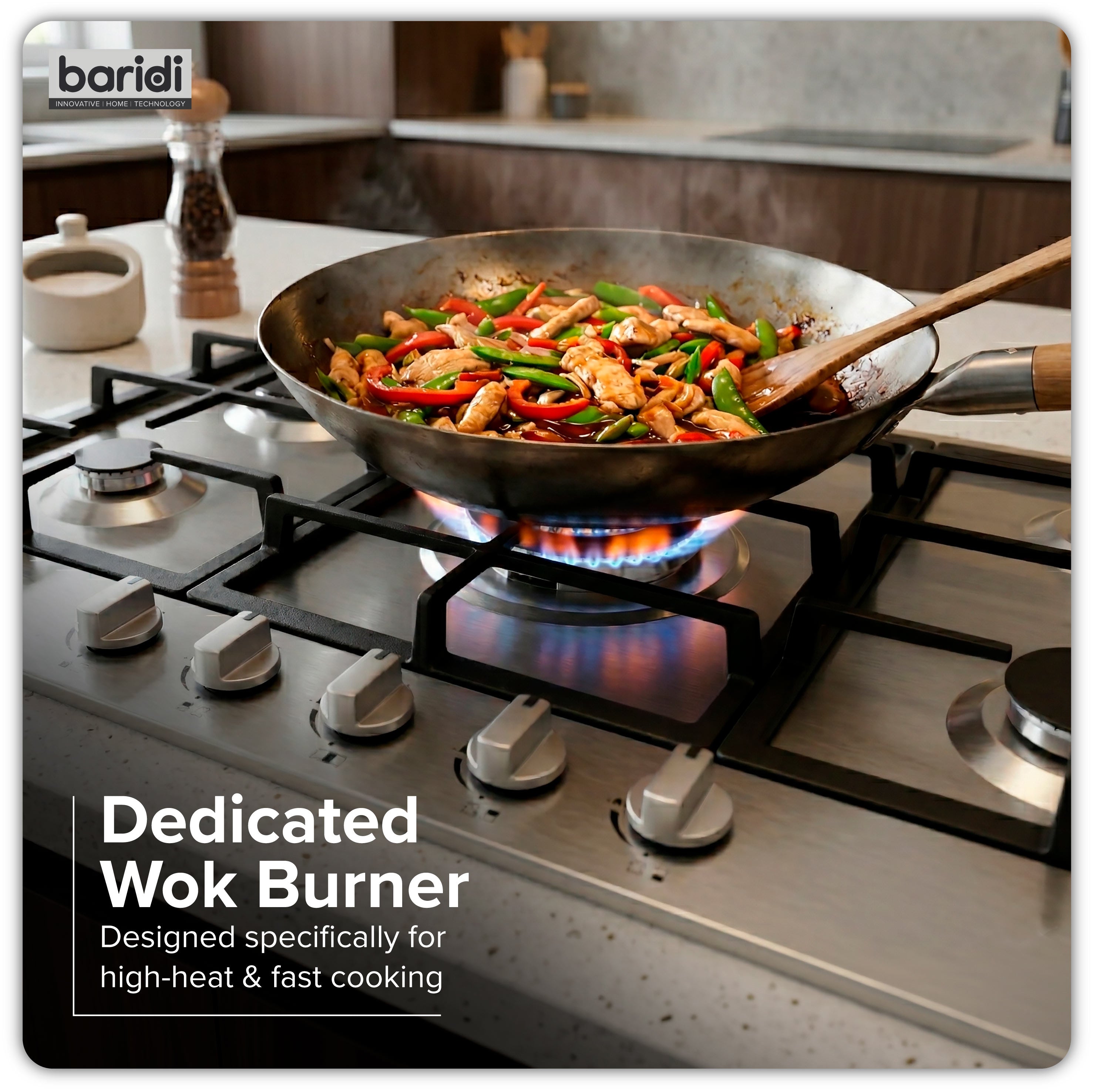 Baridi 90cm Gas Hob with Cast Iron Pan Supports & Wok Burner, Stainless Steel - DH382