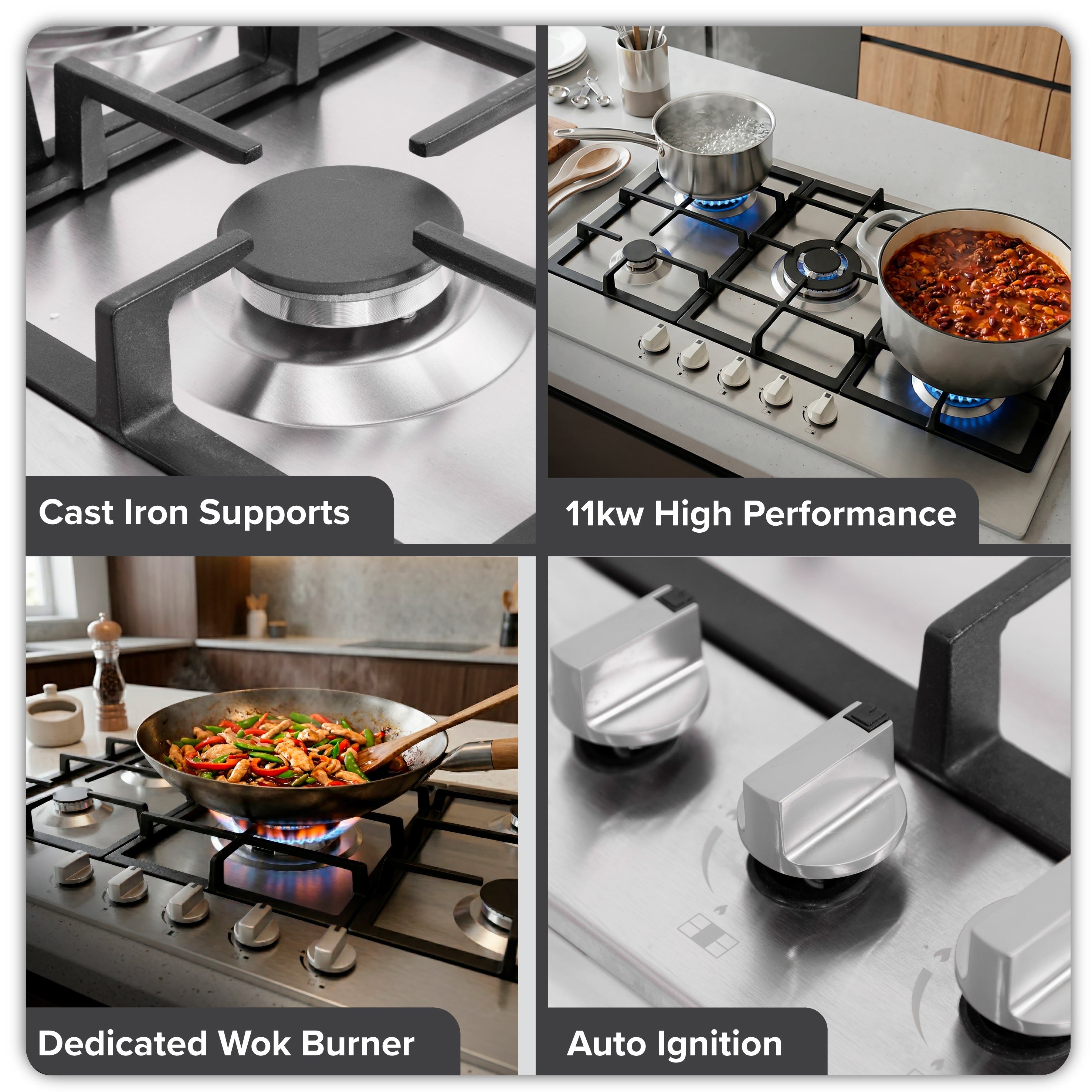 Baridi 90cm Gas Hob with Cast Iron Pan Supports & Wok Burner, Stainless Steel - DH382