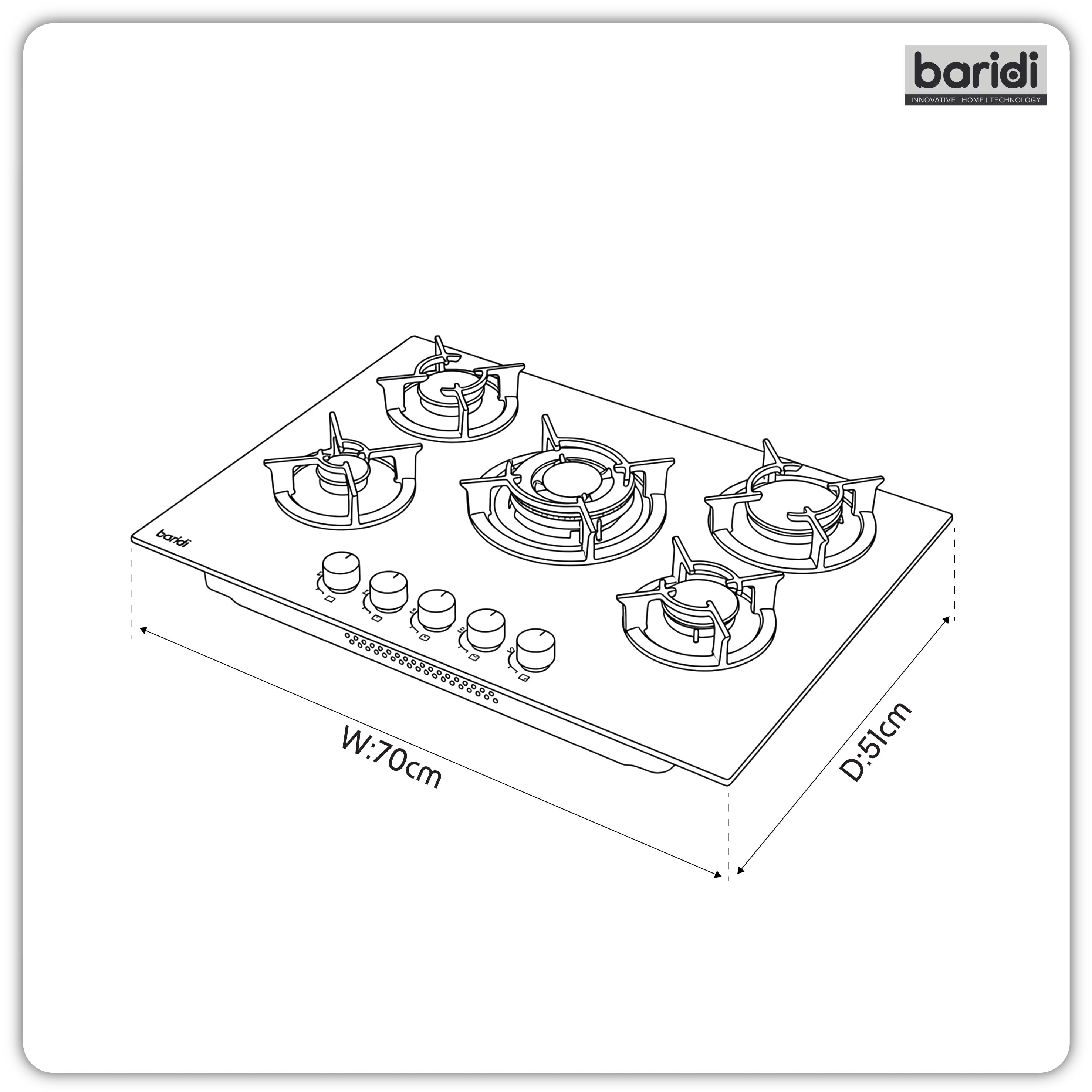 Baridi 70cm Matt Black Glass Gas Hob, 5 Burners, Cast Iron Supports, Auto Ignition, 10.4kW – DH384