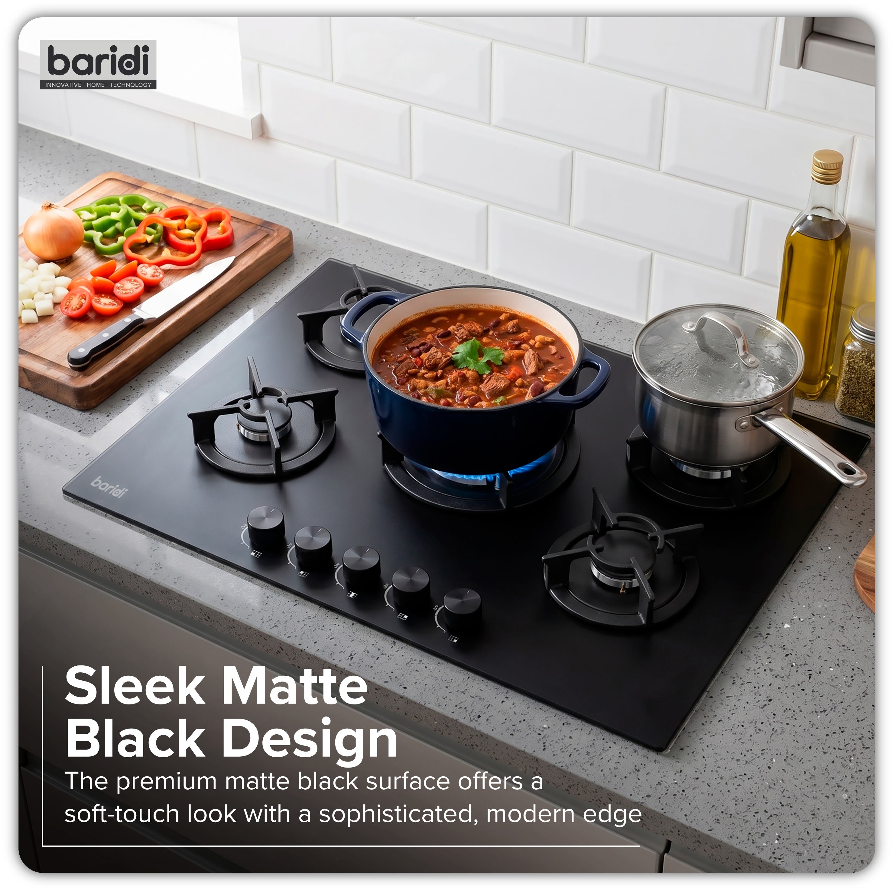 Baridi 70cm Matt Black Glass Gas Hob, 5 Burners, Cast Iron Supports, Auto Ignition, 10.4kW – DH384