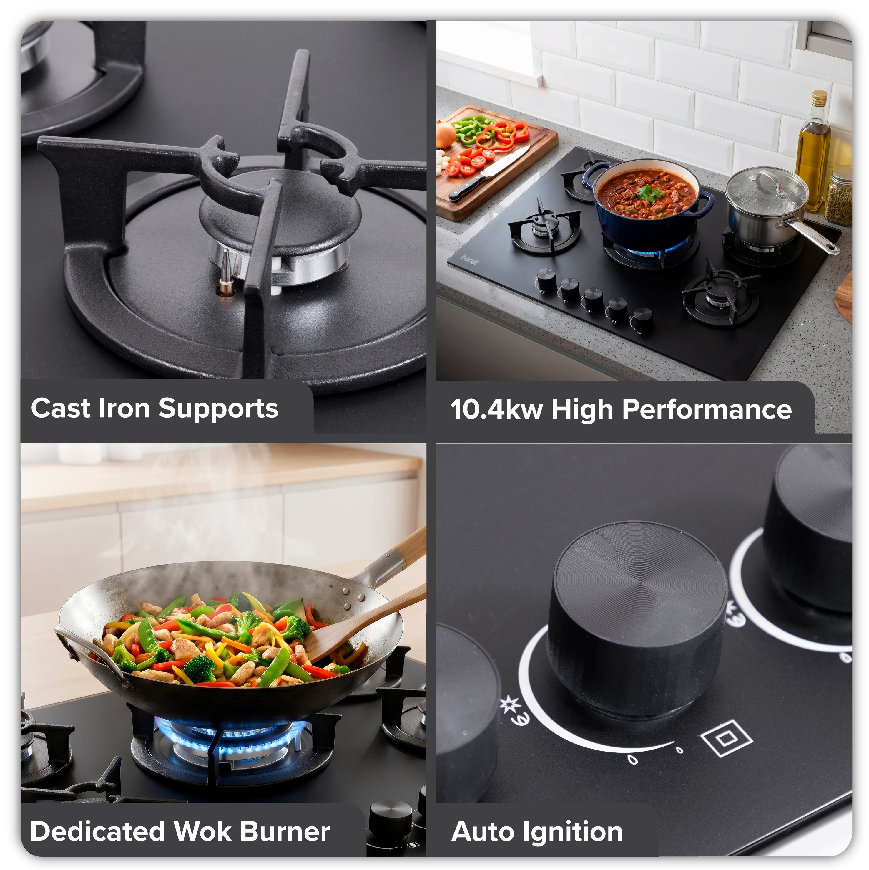 Baridi 70cm Matt Black Glass Gas Hob, 5 Burners, Cast Iron Supports, Auto Ignition, 10.4kW – DH384
