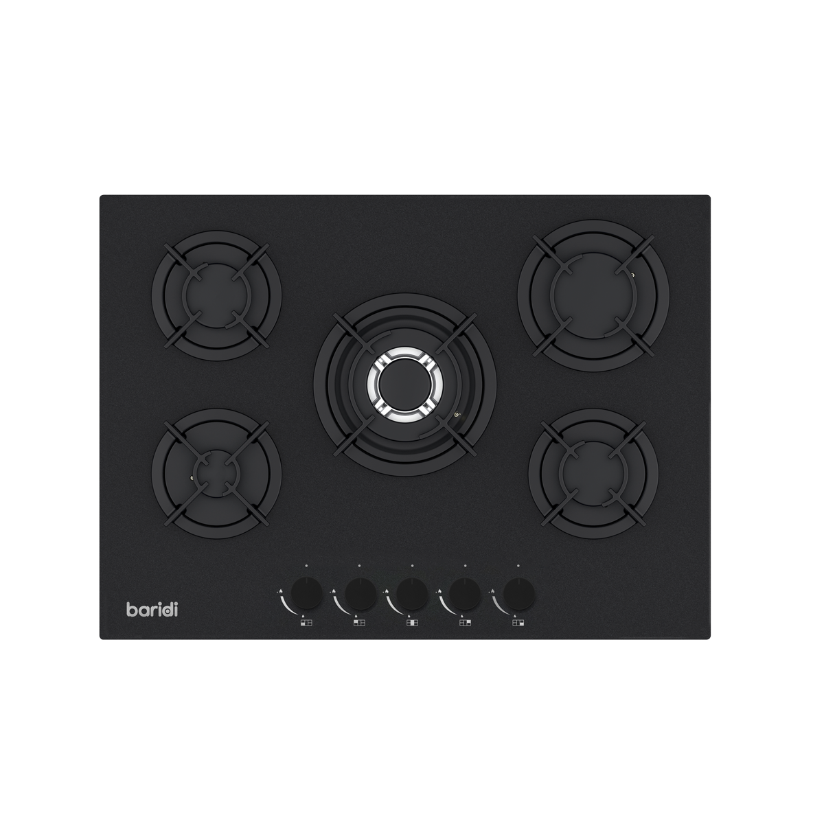 Baridi 70cm Matt Black Glass Gas Hob, 5 Burners, Cast Iron Supports, Auto Ignition, 10.4kW – DH384