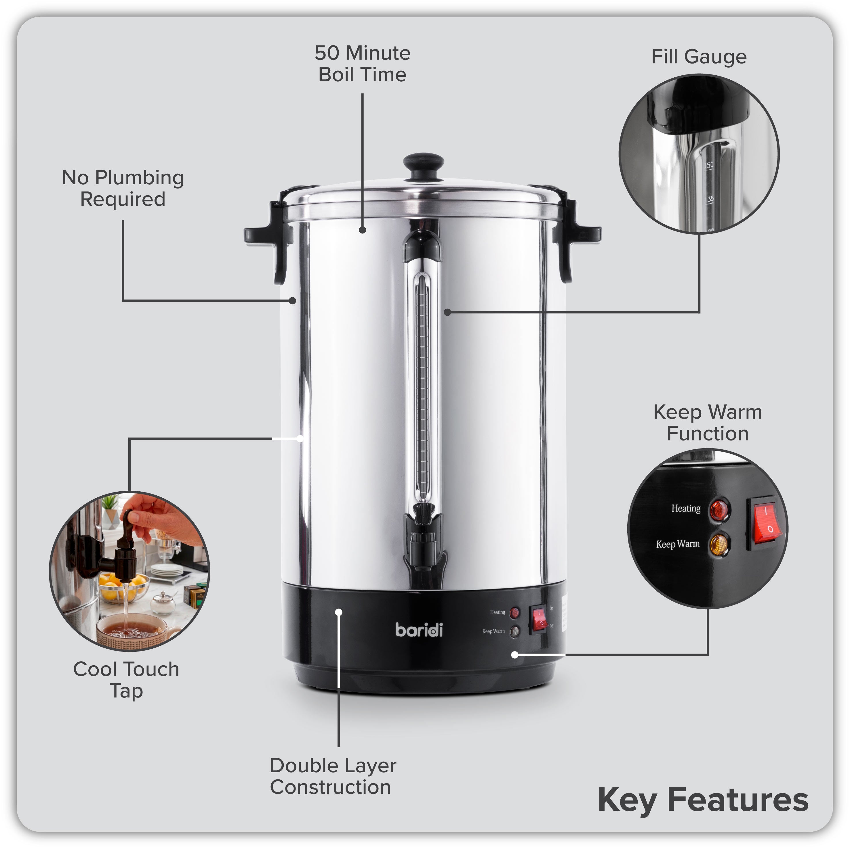 Baridi 30L Hot Water Boiler, Tea Urn with Drip Tray, Keep Warm Function - Stainless Steel - DH388