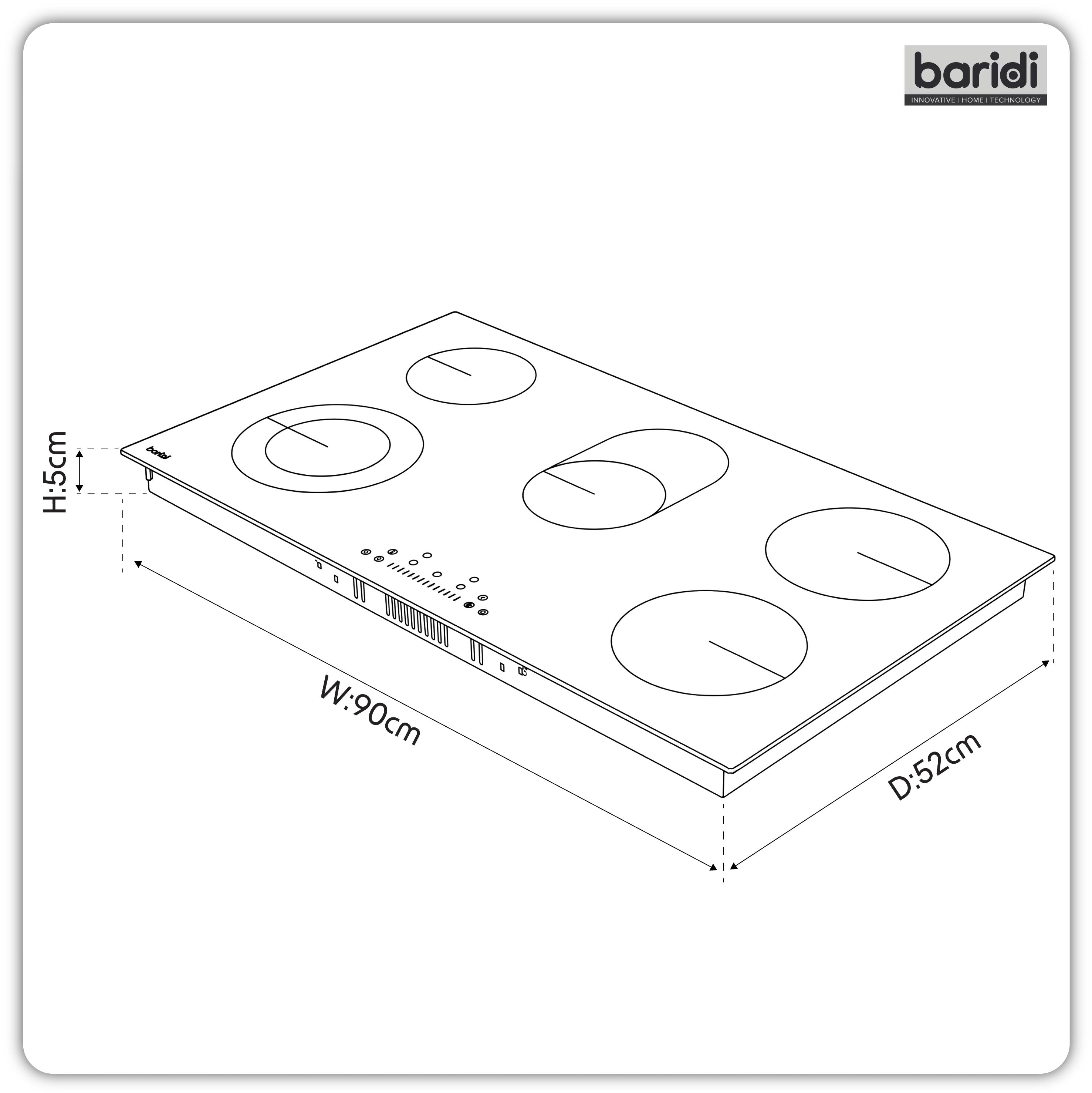 Baridi Integrated Ceramic Hob with 5 Cooking Zones 90cm, Black Glass - DH389