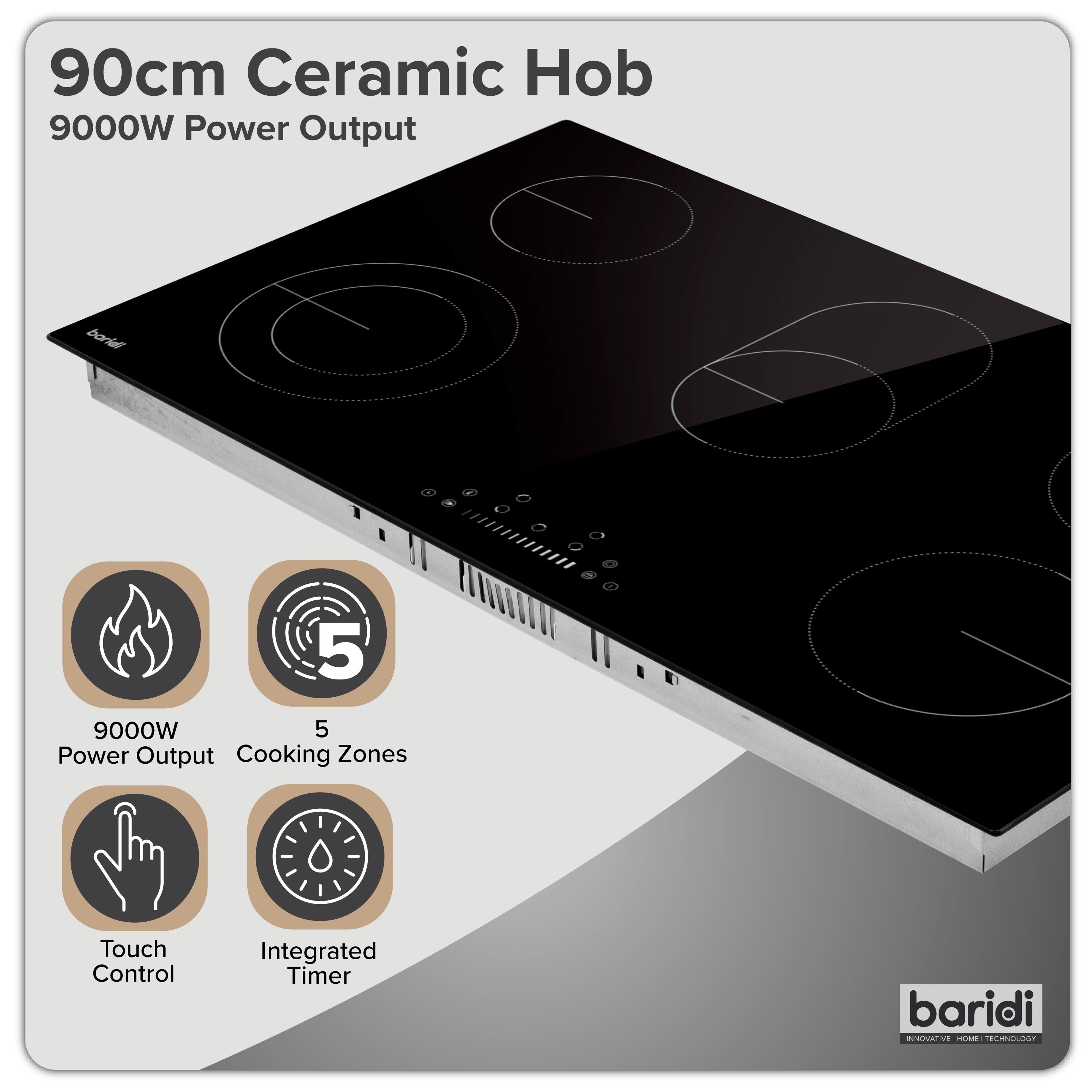 Baridi Integrated Ceramic Hob with 5 Cooking Zones 90cm, Black Glass - DH389