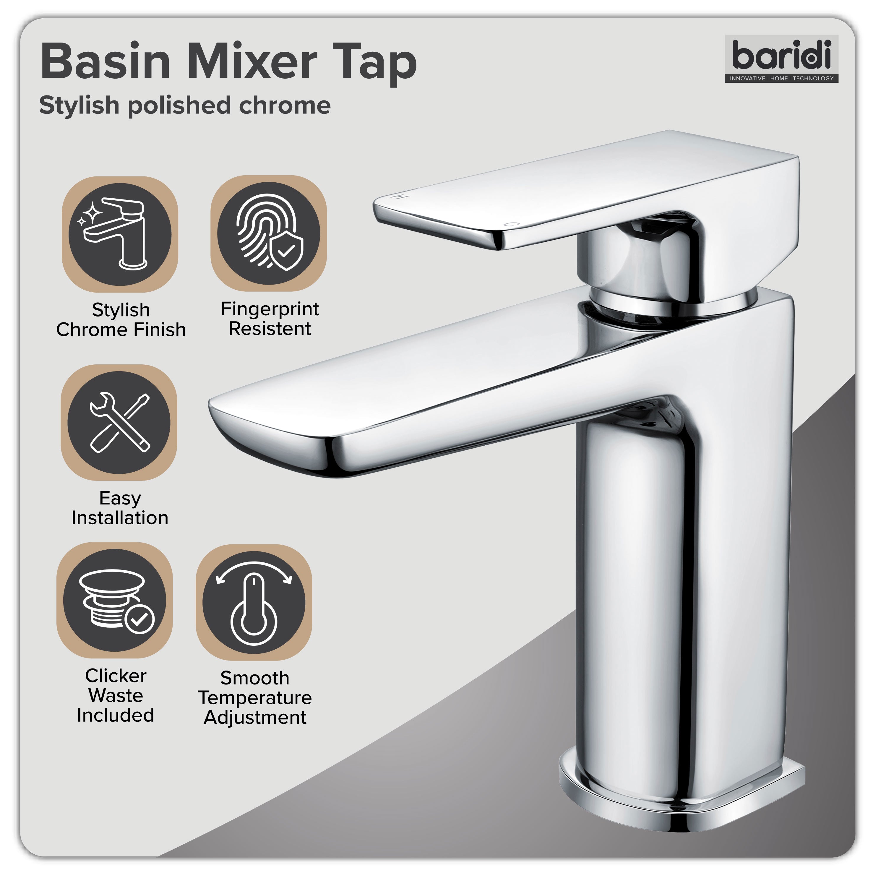 Baridi Basin Mixer Tap with Clicker Waste, Chrome - DH392