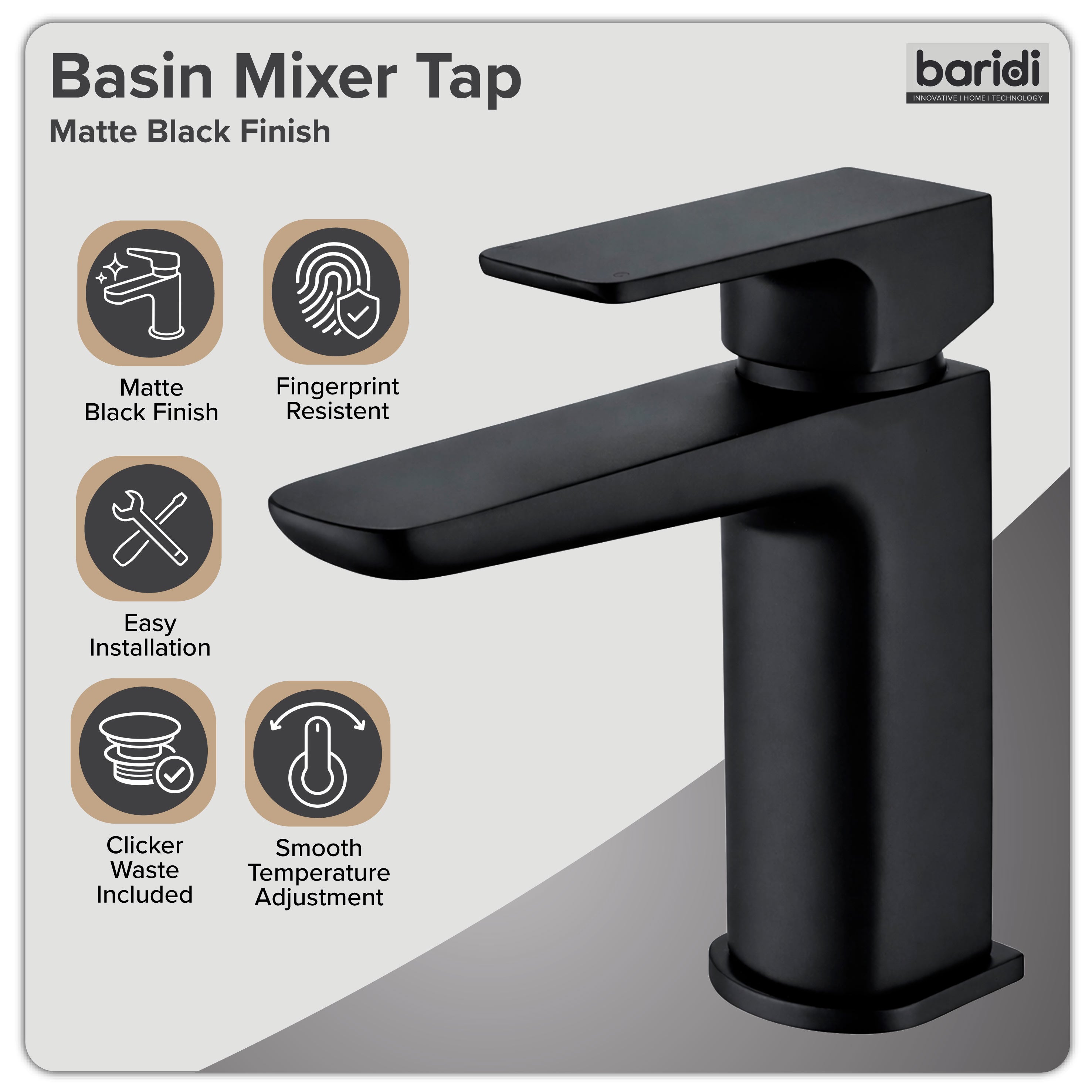 Baridi Basin Mixer Tap with Clicker Waste, Matt Black - DH393