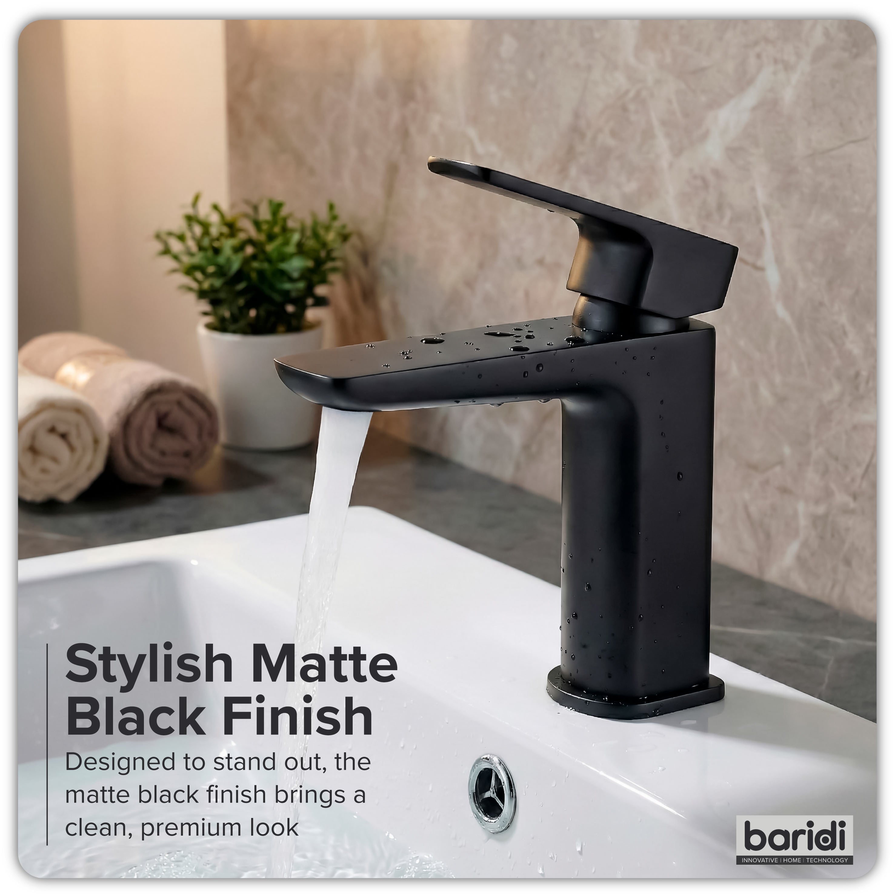Baridi Basin Mixer Tap with Clicker Waste, Matt Black - DH393