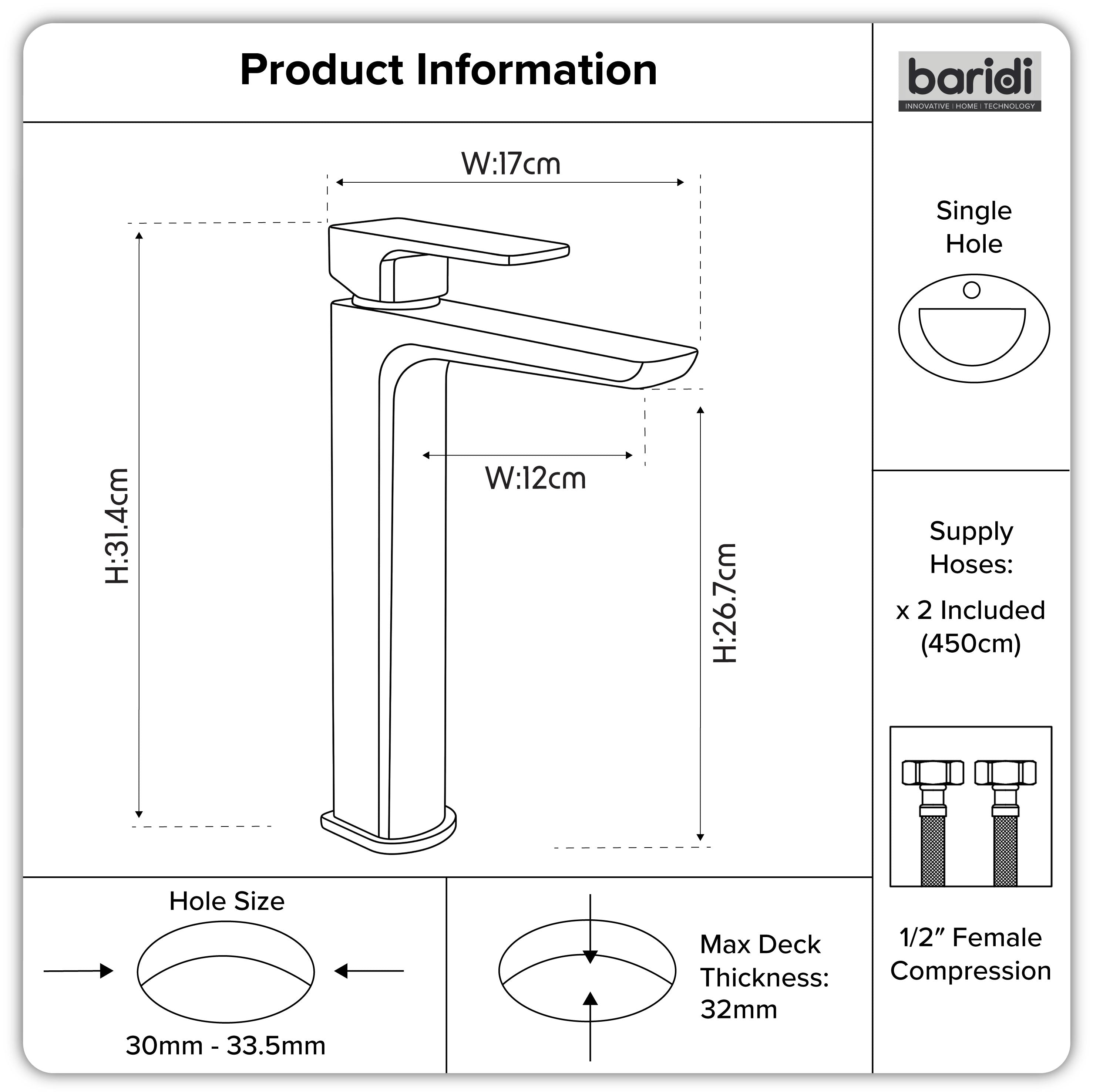 Baridi High Basin Mixer Tap with Clicker Waste, Chrome - DH394
