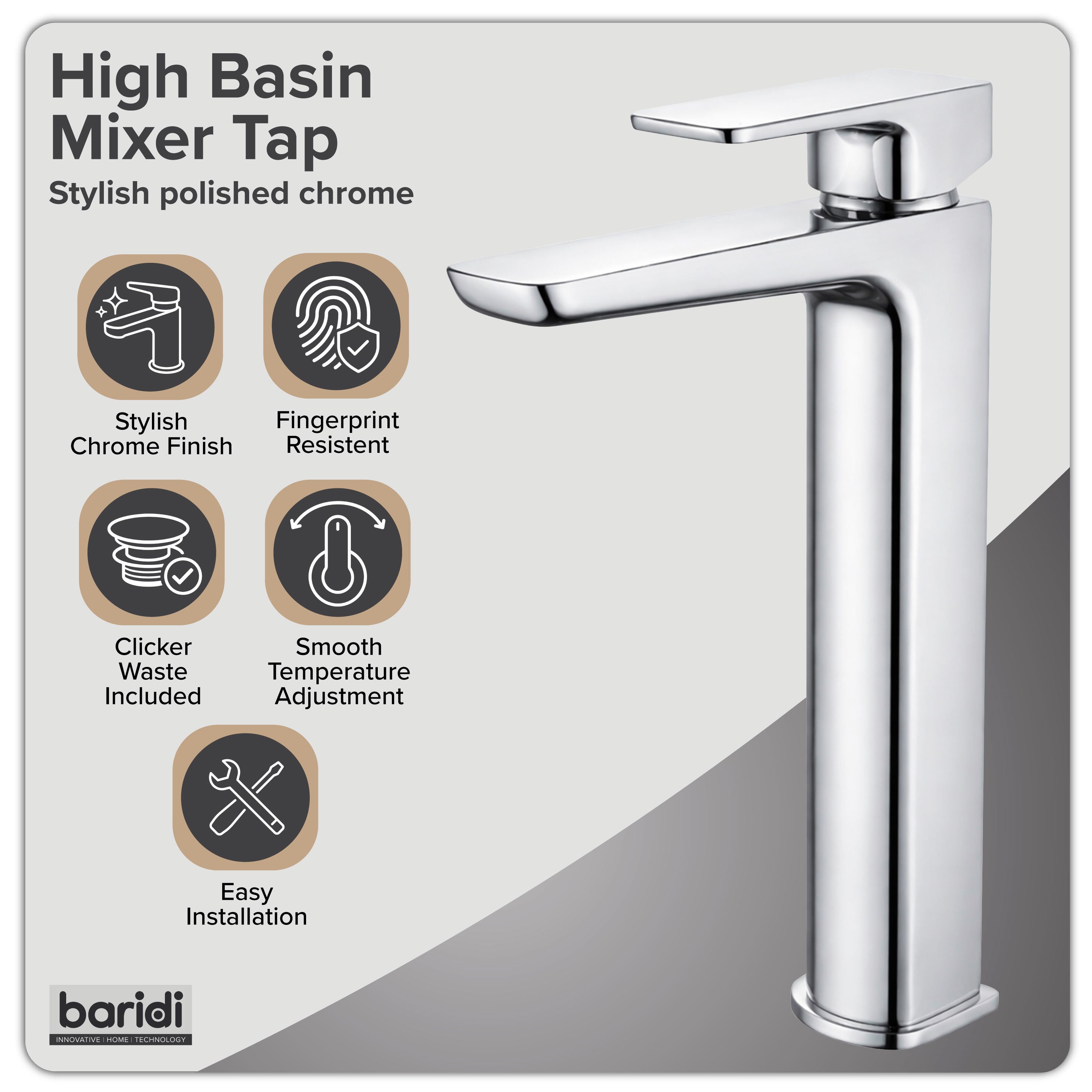 Baridi High Basin Mixer Tap with Clicker Waste, Chrome - DH394