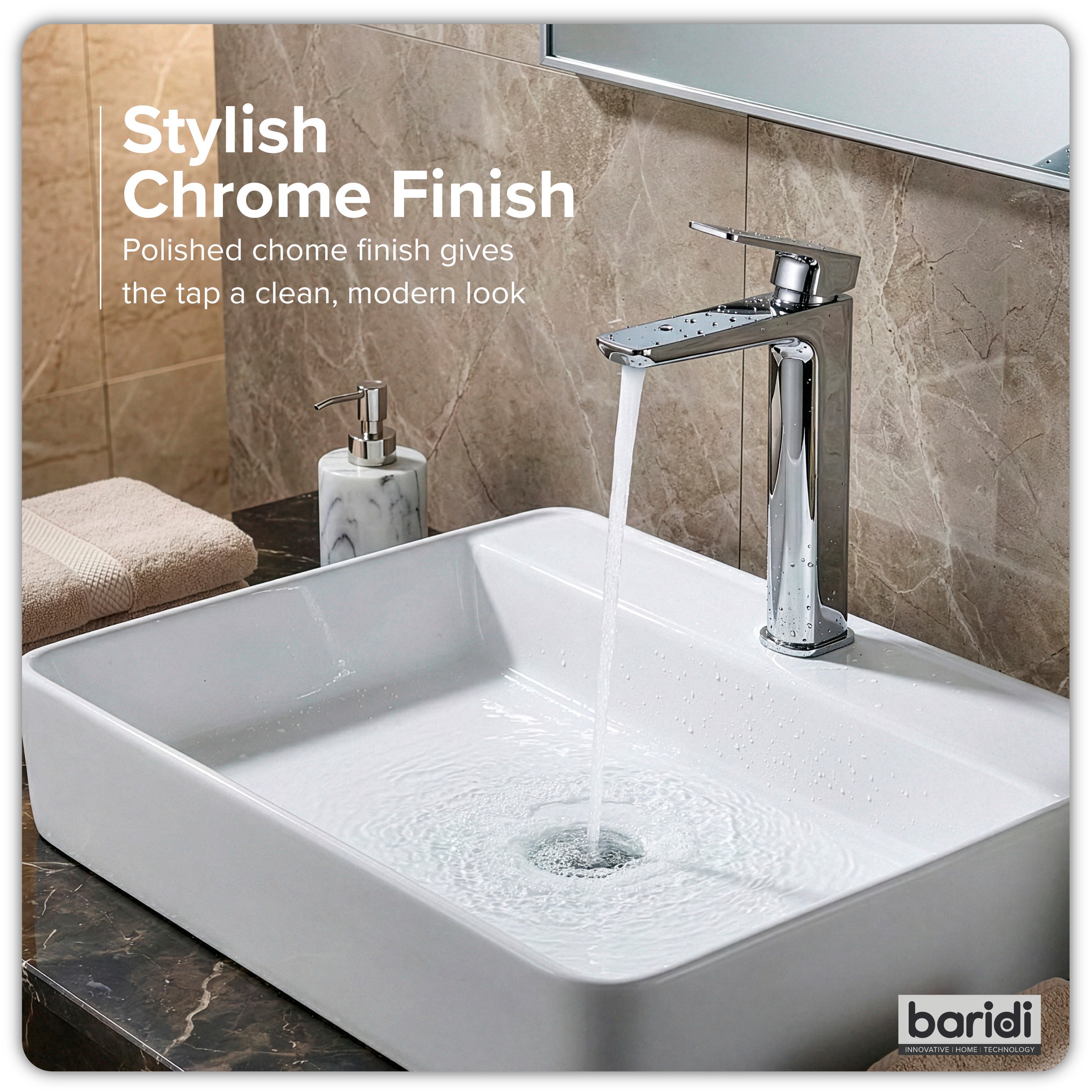 Baridi High Basin Mixer Tap with Clicker Waste, Chrome - DH394