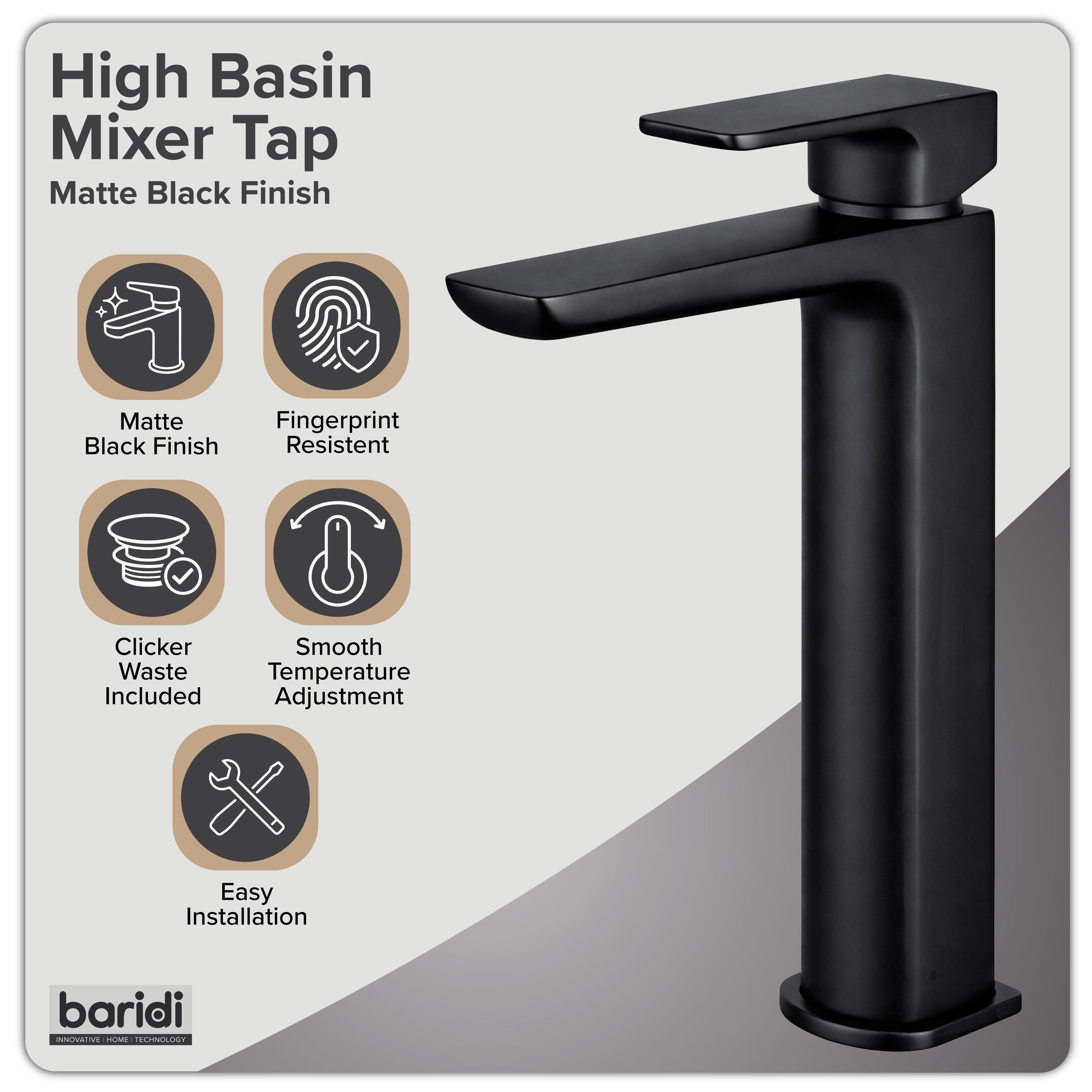 Baridi High Basin Mixer Tap with Clicker Waste, Matt Black - DH395