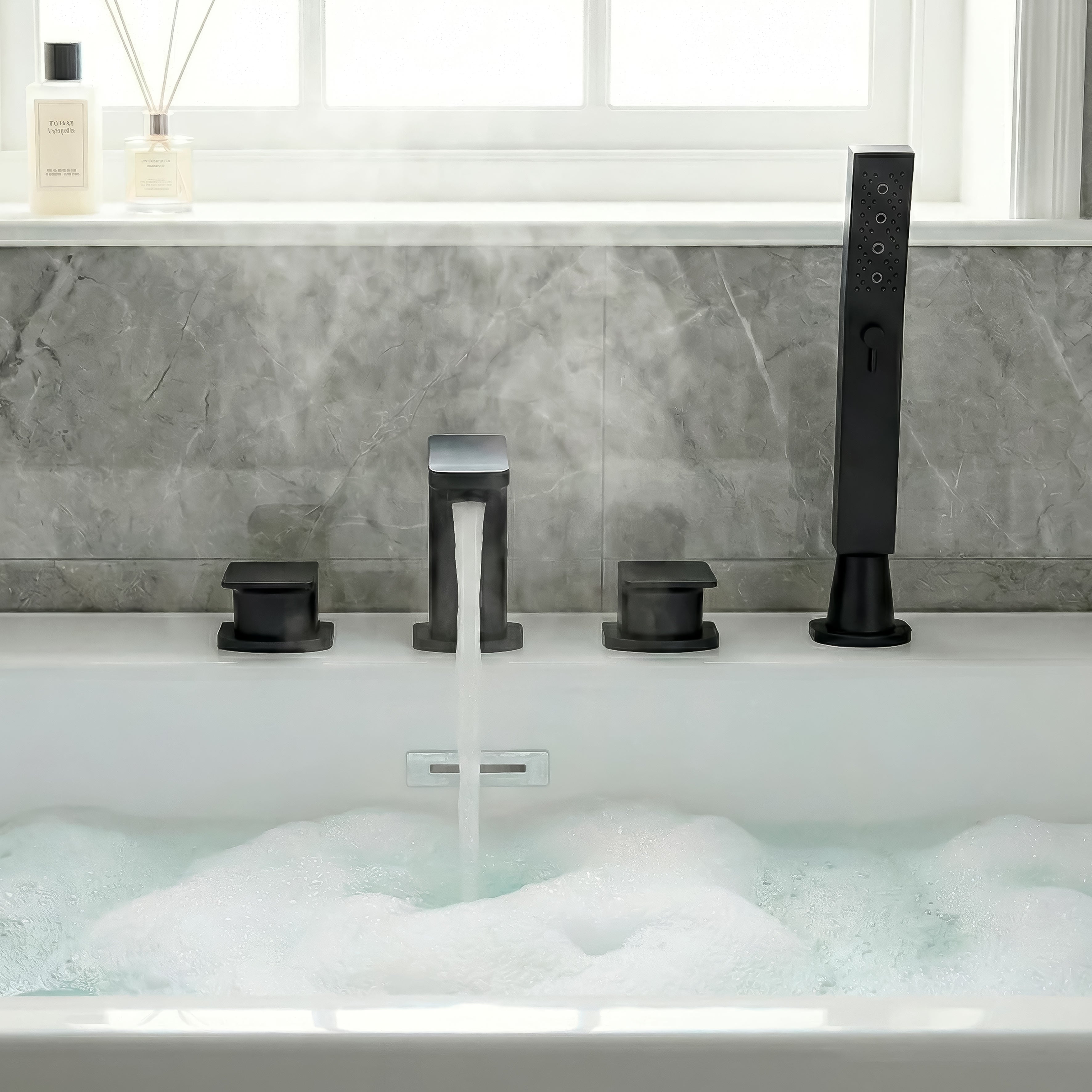 Baridi Bath Mounting 4-Hole Mixer Tap with Shower Head, Matt Black - DH399