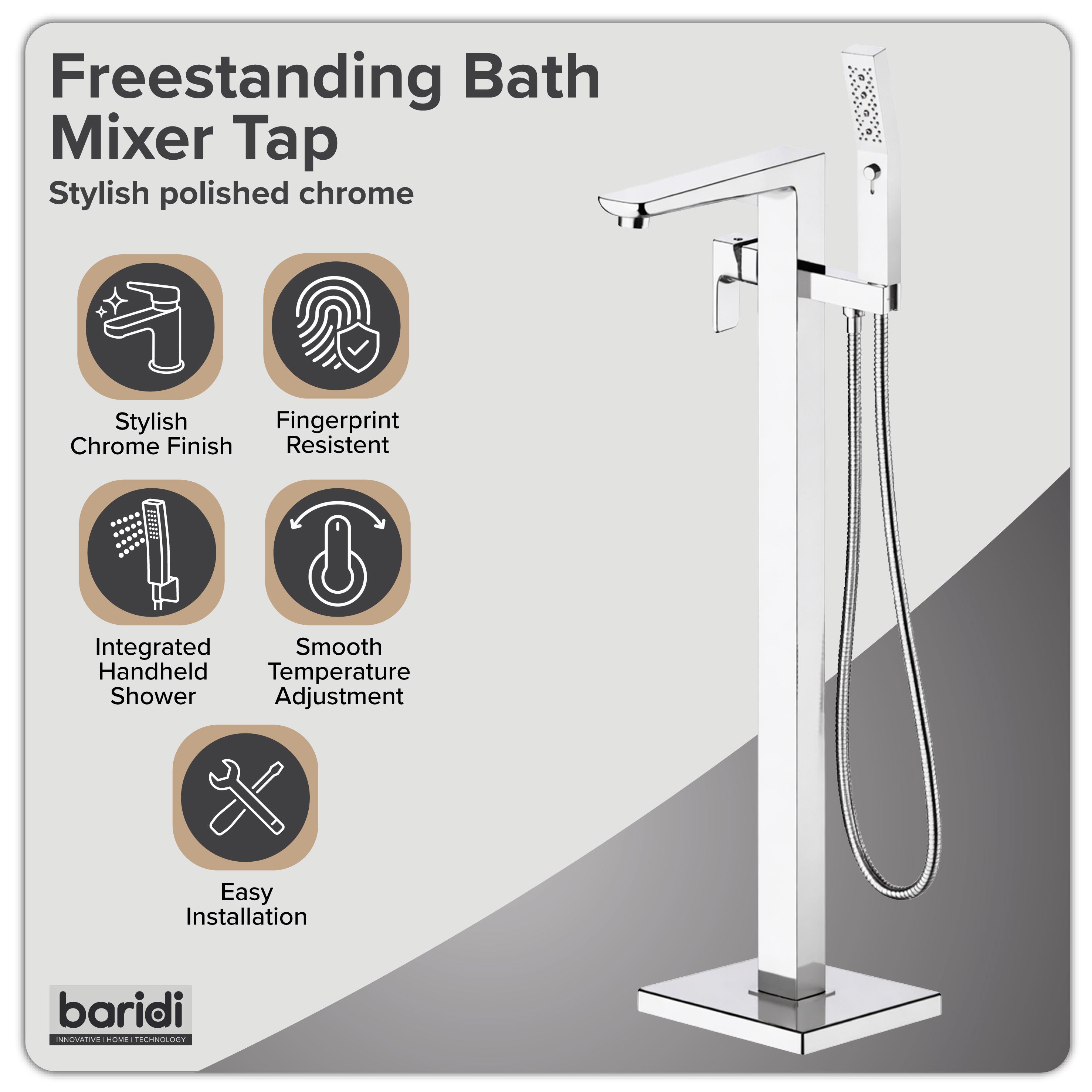 Baridi Freestanding Bath Mixer Tap with Shower, Chrome - DH400