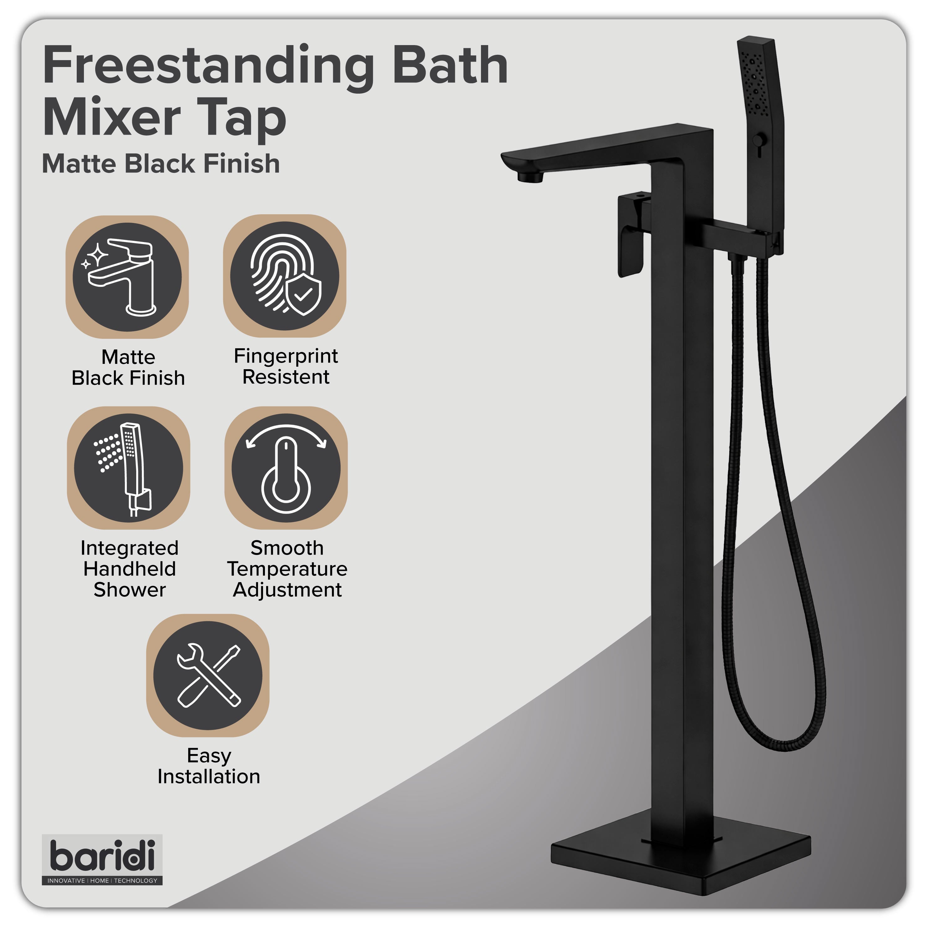 Baridi Freestanding Bath Mixer Tap with Shower, Matt Black - DH401