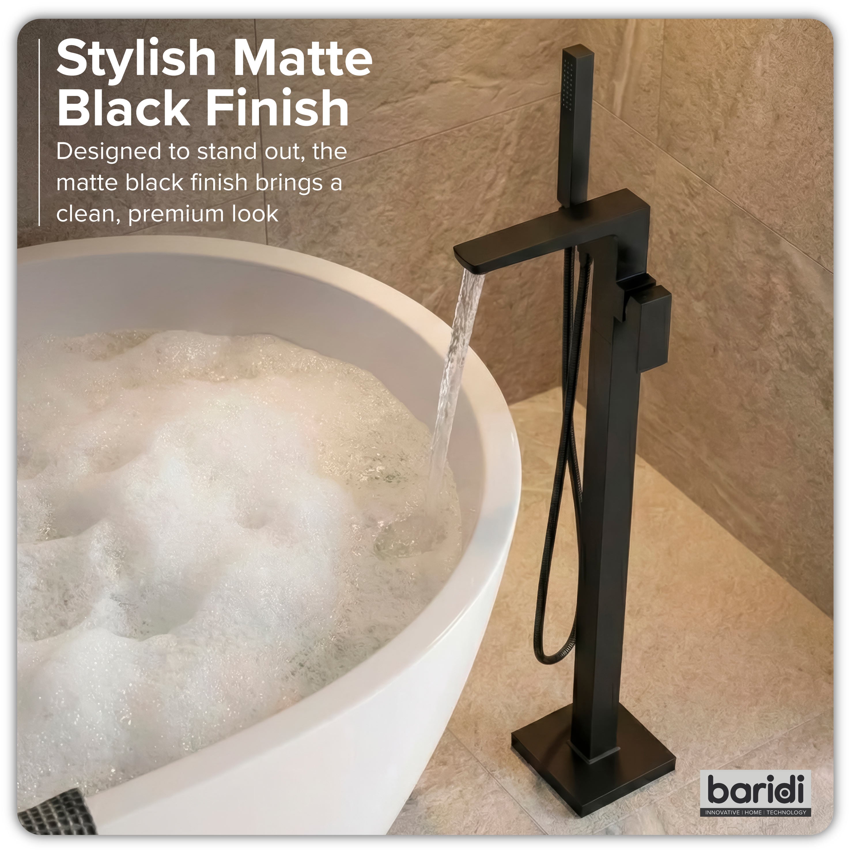 Baridi Freestanding Bath Mixer Tap with Shower, Matt Black - DH401
