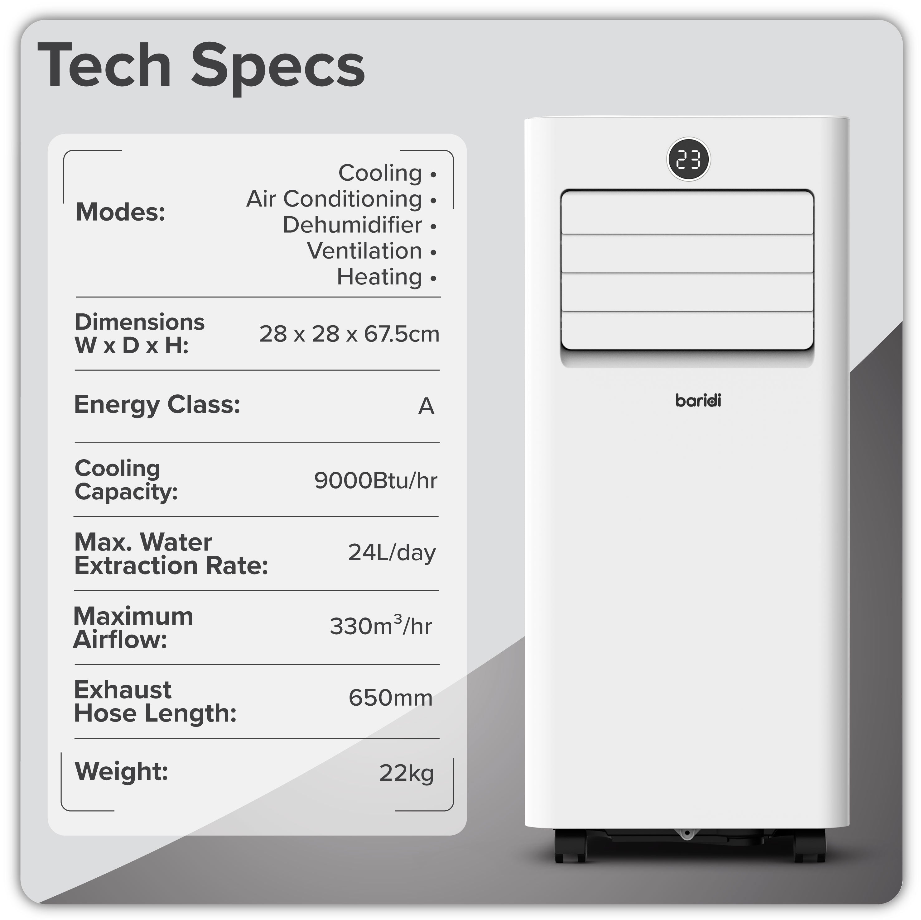 Baridi 5-in-1 Portable Air Conditioning Unit with Window Sealing Kit 9,000Btu/hr, TUYA App & Wi-Fi Control, White - DH414